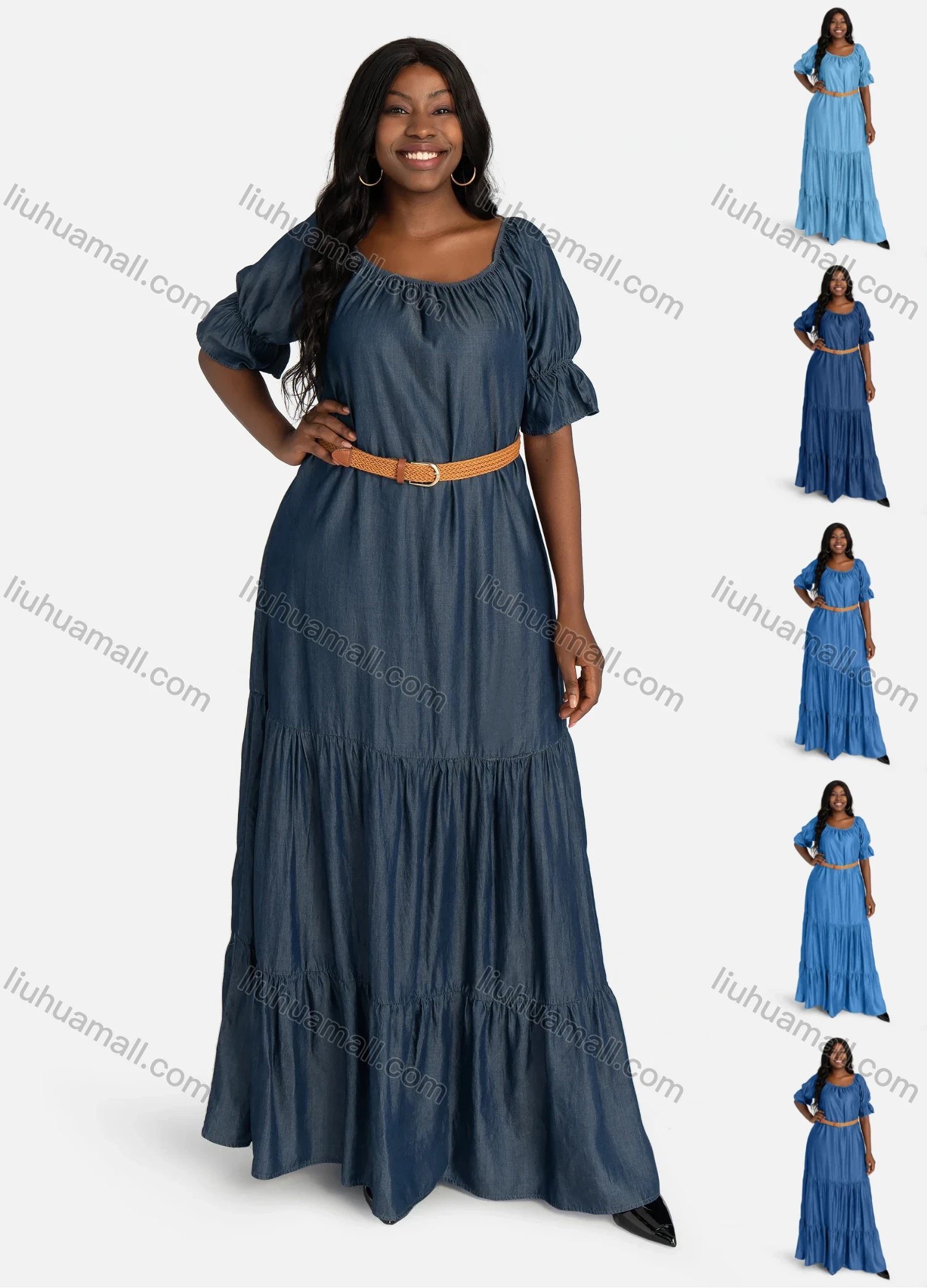 Wholesale Women's Casual Poet Sleeve Plain Layered Denim Dress With Belt 11927# - Liuhuamall