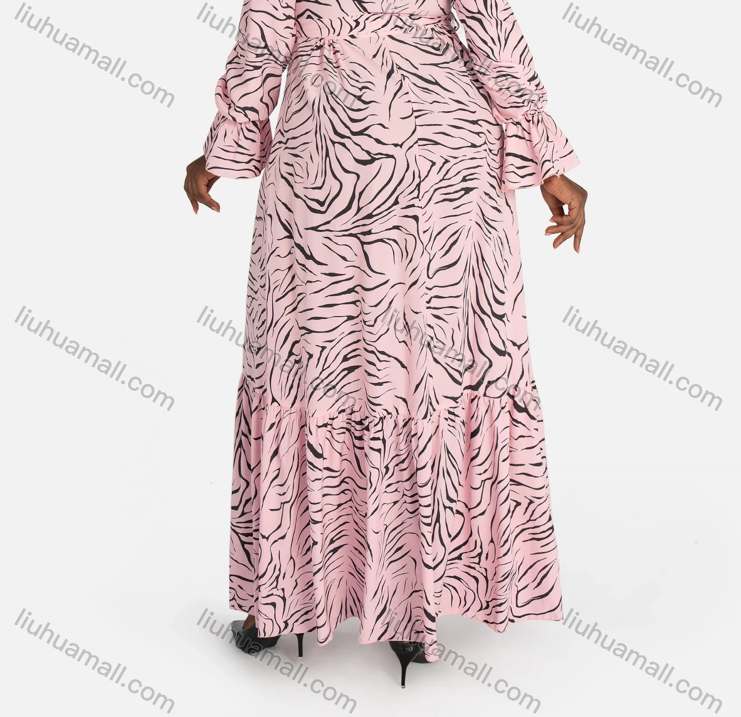 Wholesale Women's Casual Tiger Print Button Decor Tie Front Ruffle Hem Maxi Dress - Liuhuamall