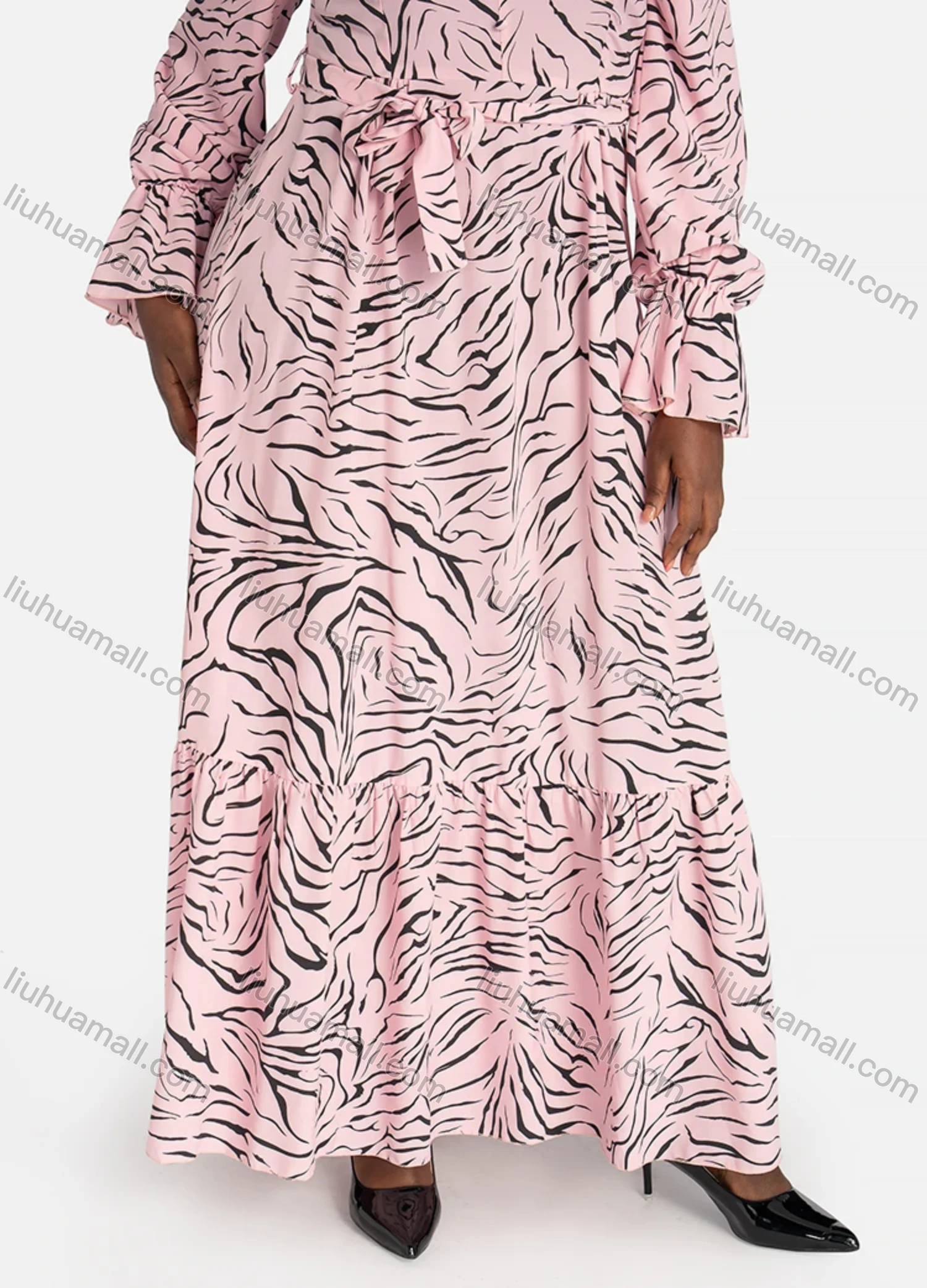 Wholesale Women's Casual Tiger Print Button Decor Tie Front Ruffle Hem Maxi Dress - Liuhuamall