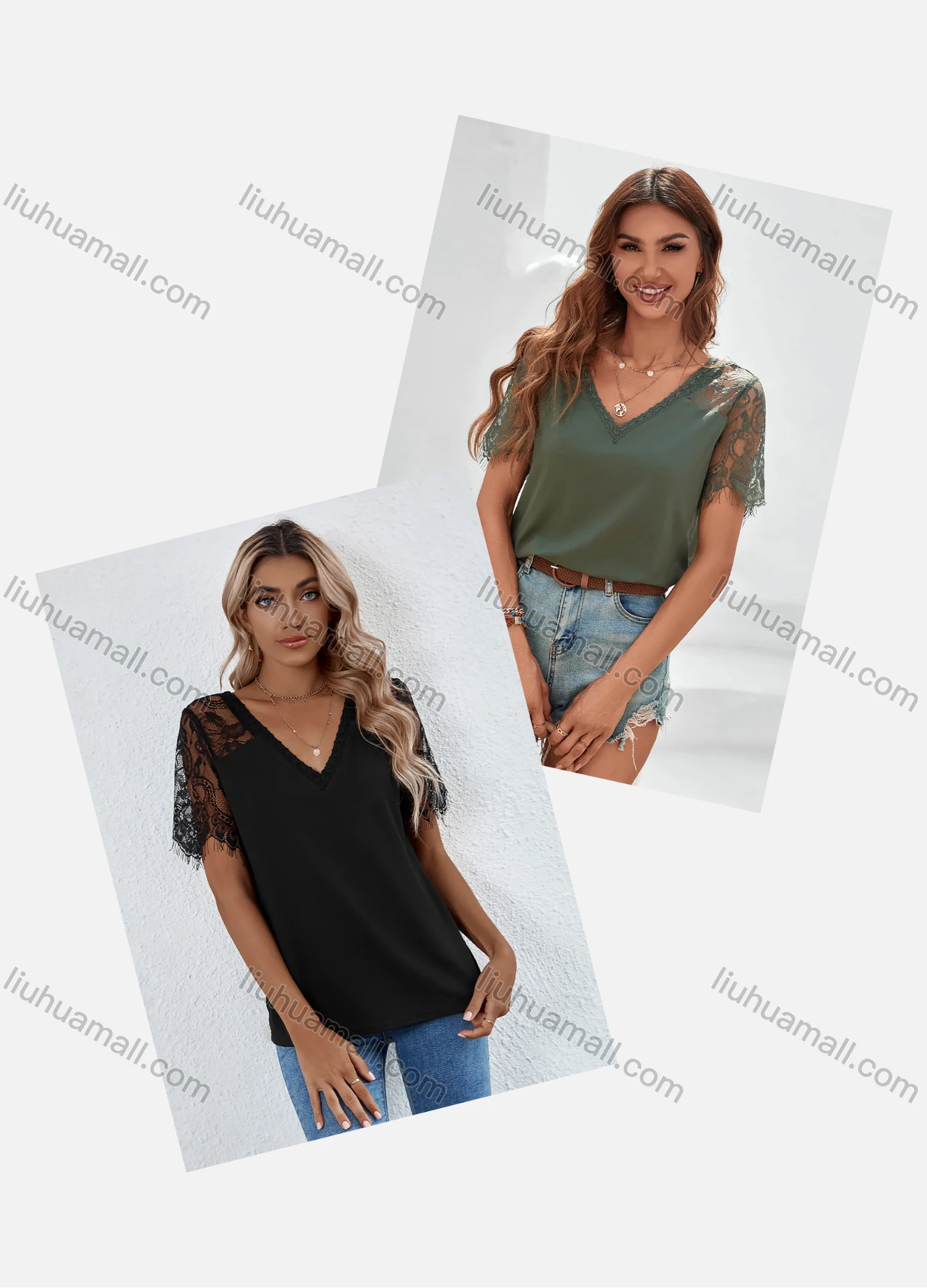 Wholesale Women's Casual V Neck Lace Sleeve Lace Plain Blouse LQ-B1015X# - Liuhuamall