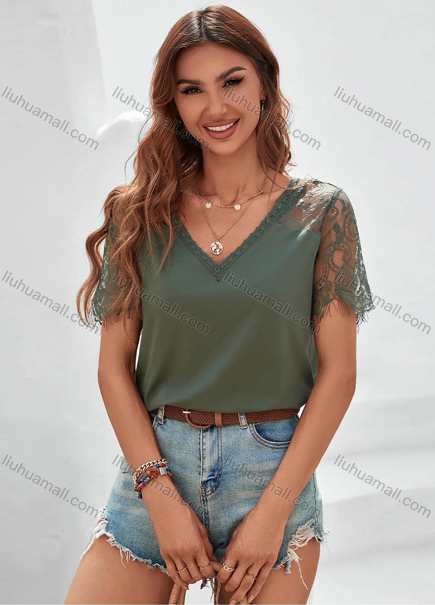 Wholesale Women's Casual V Neck Lace Sleeve Lace Plain Blouse LQ-B1015X# - Liuhuamall