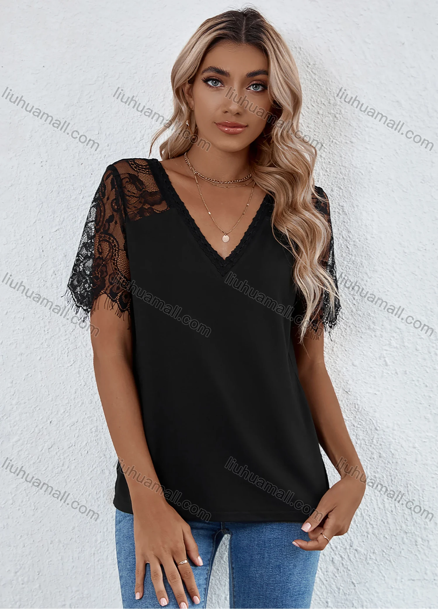 Wholesale Women's Casual V Neck Lace Sleeve Lace Plain Blouse LQ-B1015X# - Liuhuamall