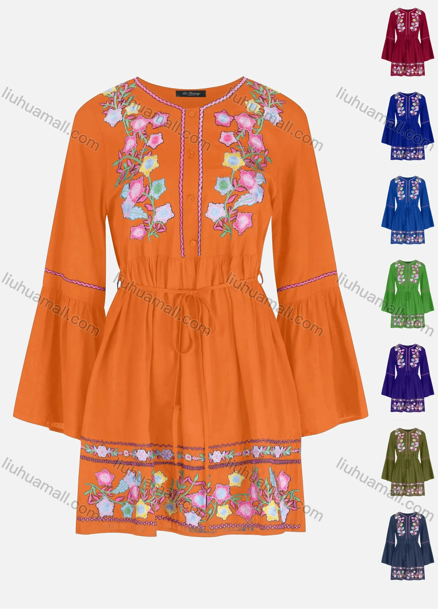 Wholesale Women's Casual Embroidery Button Front Tie Front Ruffle Hem Short Dress - Liuhuamall