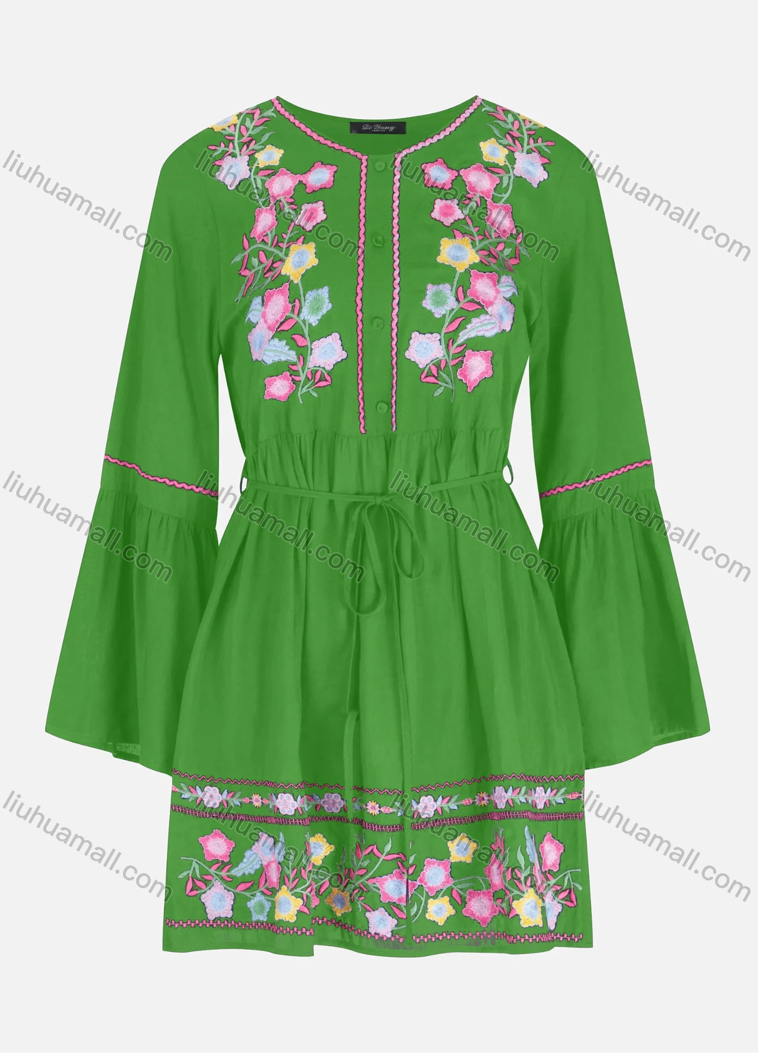 Wholesale Women's Casual Embroidery Button Front Tie Front Ruffle Hem Short Dress - Liuhuamall