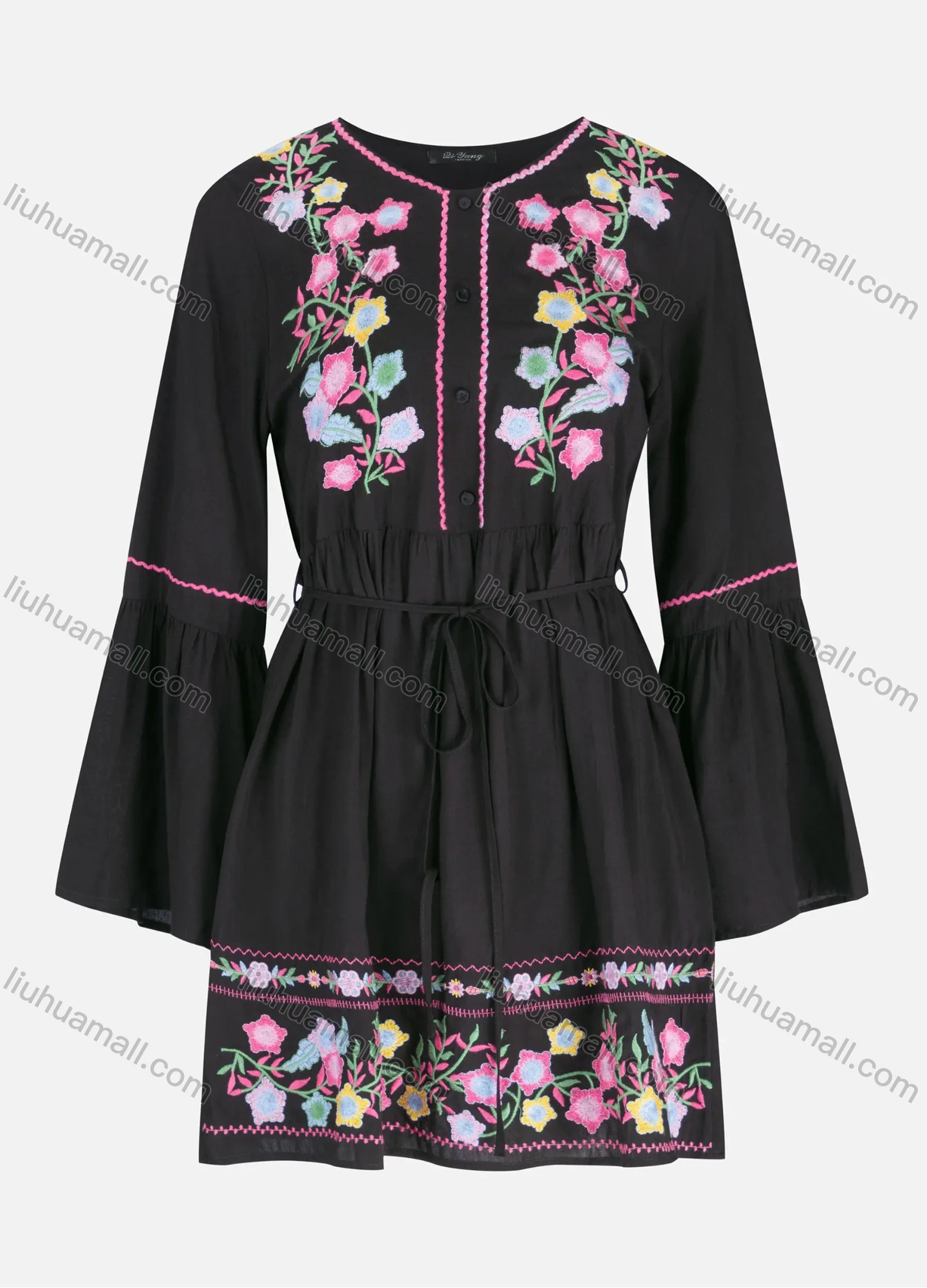 Wholesale Women's Casual Embroidery Button Front Tie Front Ruffle Hem Short Dress - Liuhuamall