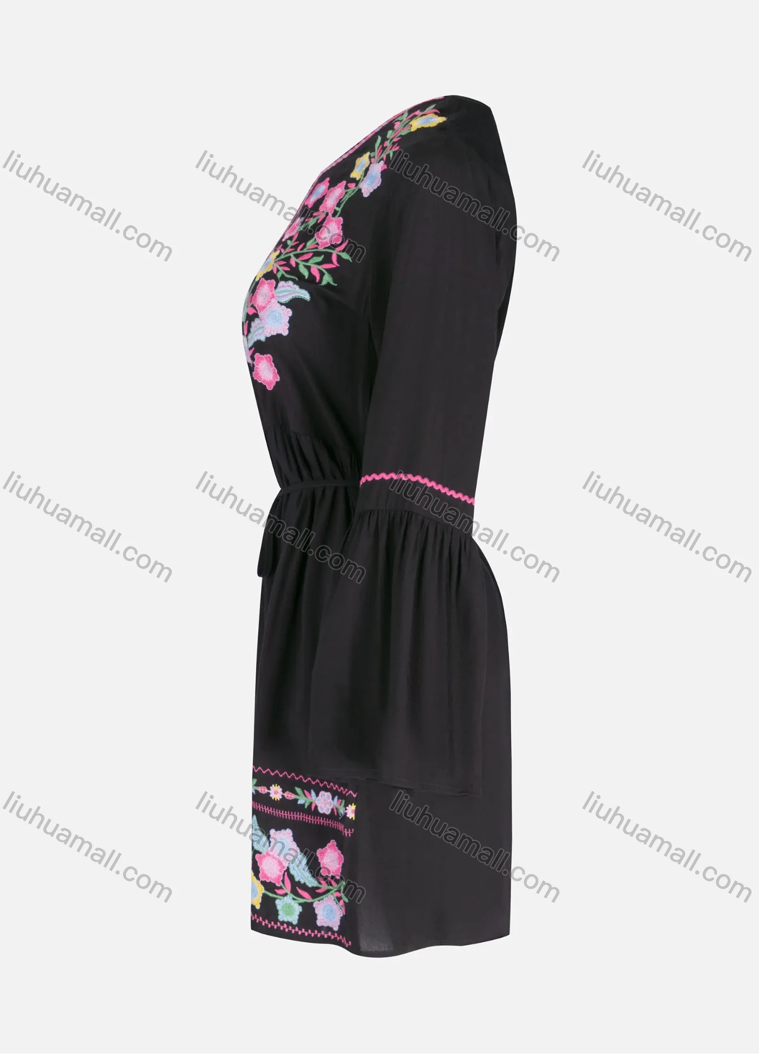 Wholesale Women's Casual Embroidery Button Front Tie Front Ruffle Hem Short Dress - Liuhuamall
