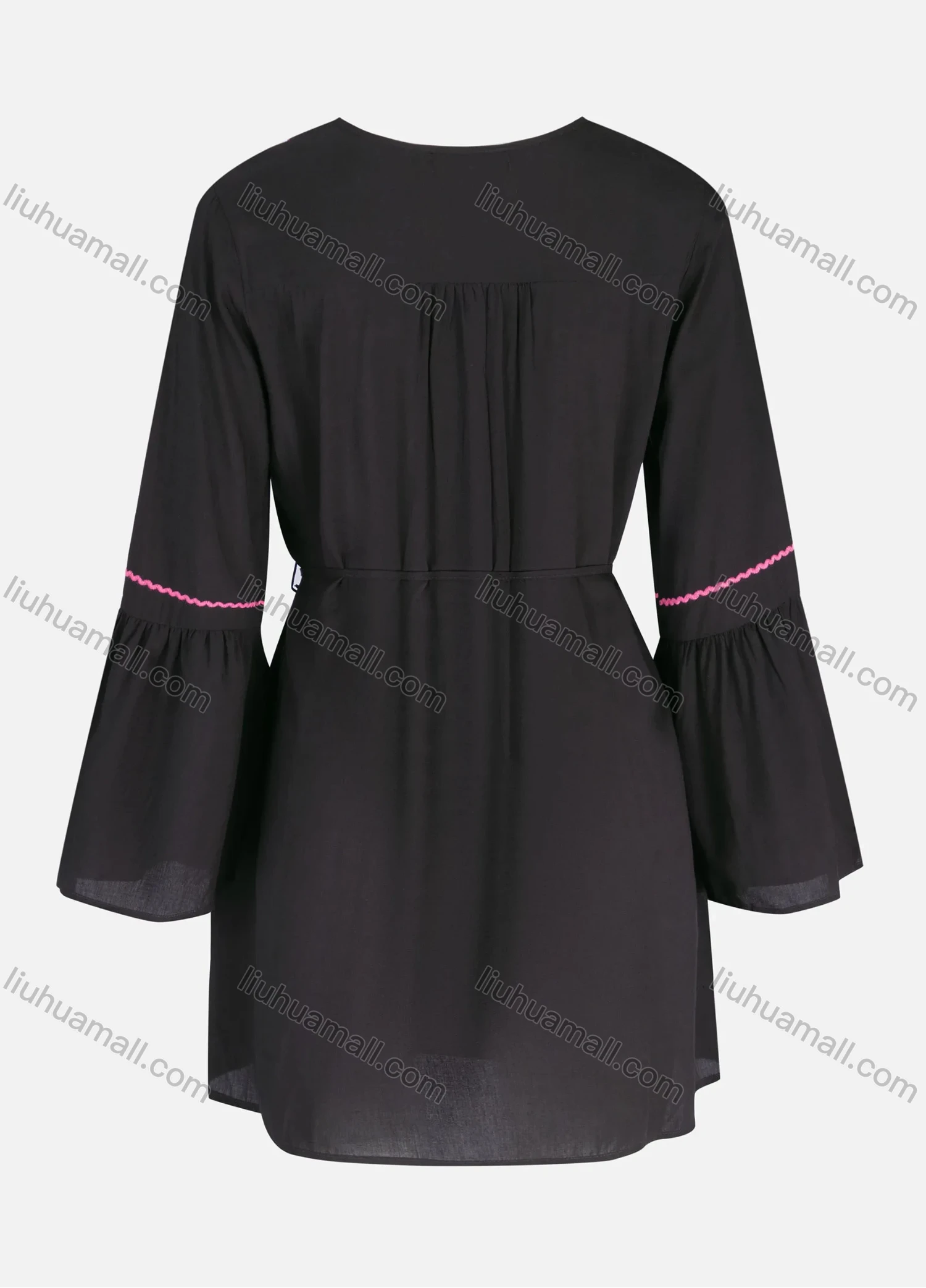 Wholesale Women's Casual Embroidery Button Front Tie Front Ruffle Hem Short Dress - Liuhuamall