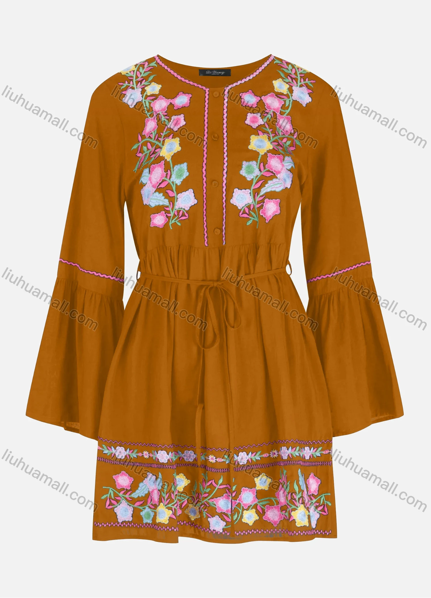 Wholesale Women's Casual Embroidery Button Front Tie Front Ruffle Hem Short Dress - Liuhuamall