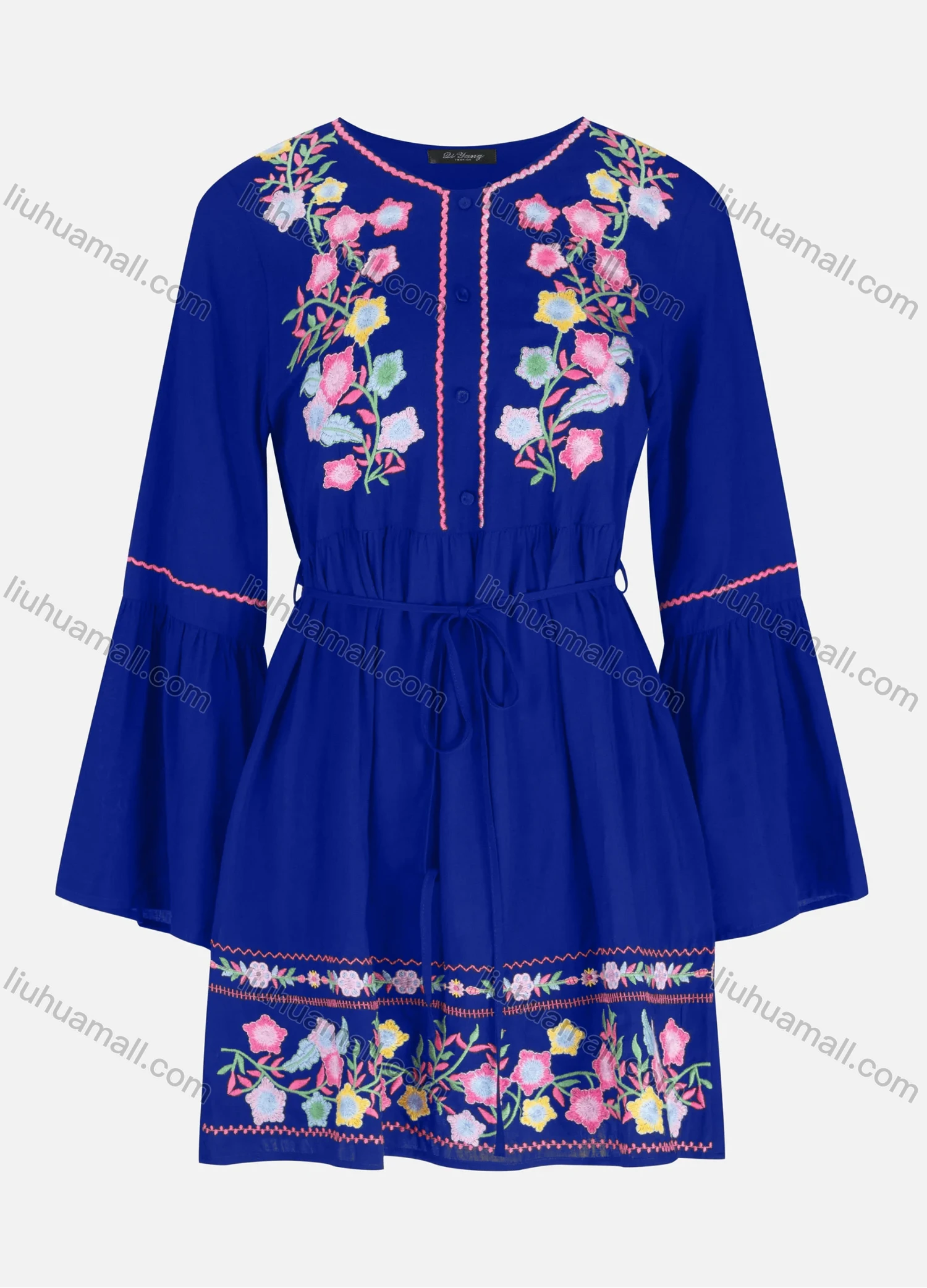 Wholesale Women's Casual Embroidery Button Front Tie Front Ruffle Hem Short Dress - Liuhuamall