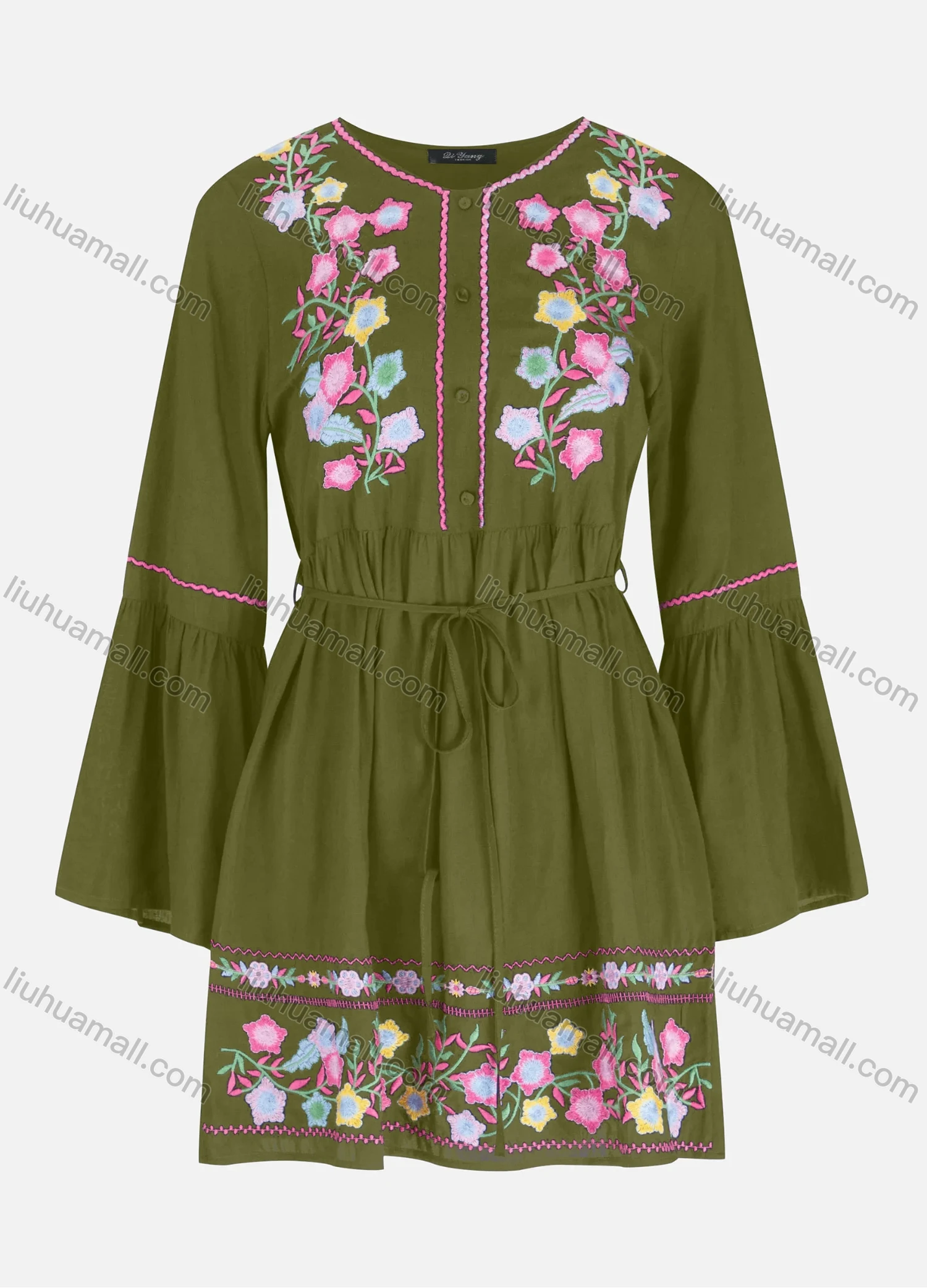 Wholesale Women's Casual Embroidery Button Front Tie Front Ruffle Hem Short Dress - Liuhuamall