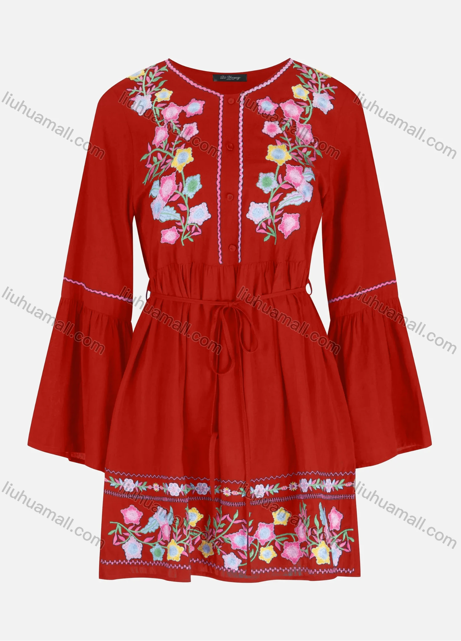 Wholesale Women's Casual Embroidery Button Front Tie Front Ruffle Hem Short Dress - Liuhuamall