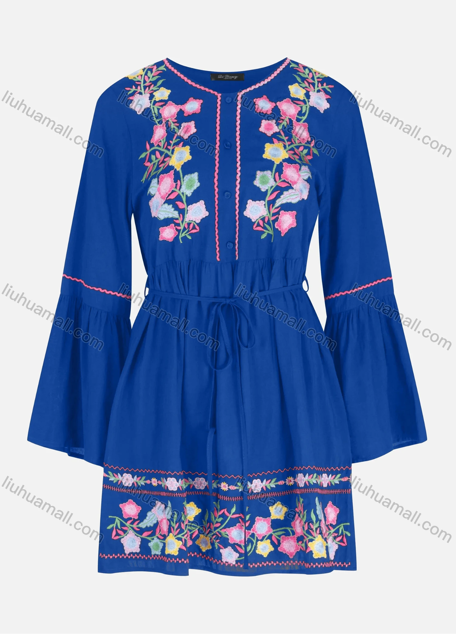 Wholesale Women's Casual Embroidery Button Front Tie Front Ruffle Hem Short Dress - Liuhuamall