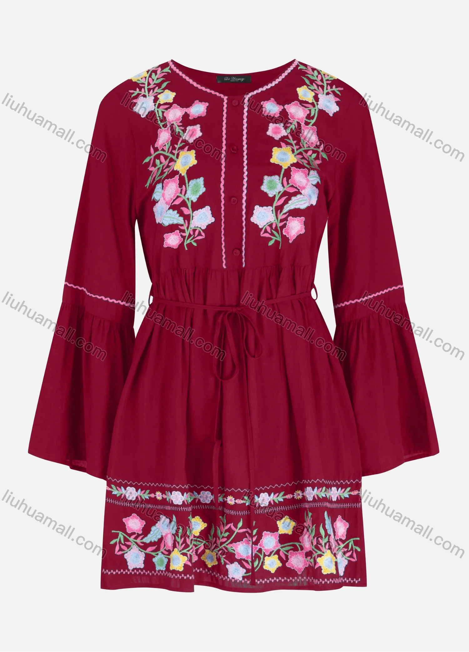 Wholesale Women's Casual Embroidery Button Front Tie Front Ruffle Hem Short Dress - Liuhuamall