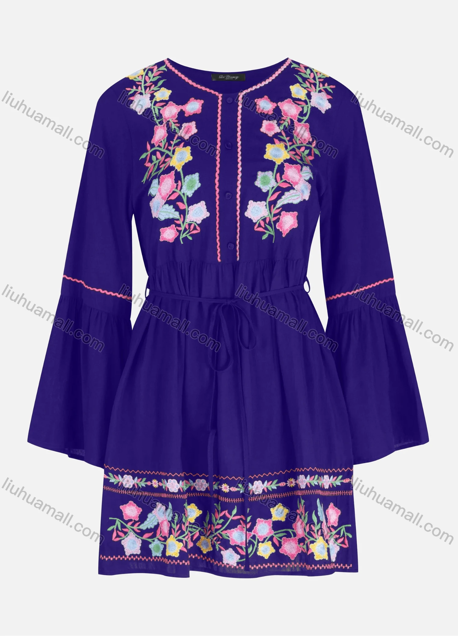 Wholesale Women's Casual Embroidery Button Front Tie Front Ruffle Hem Short Dress - Liuhuamall
