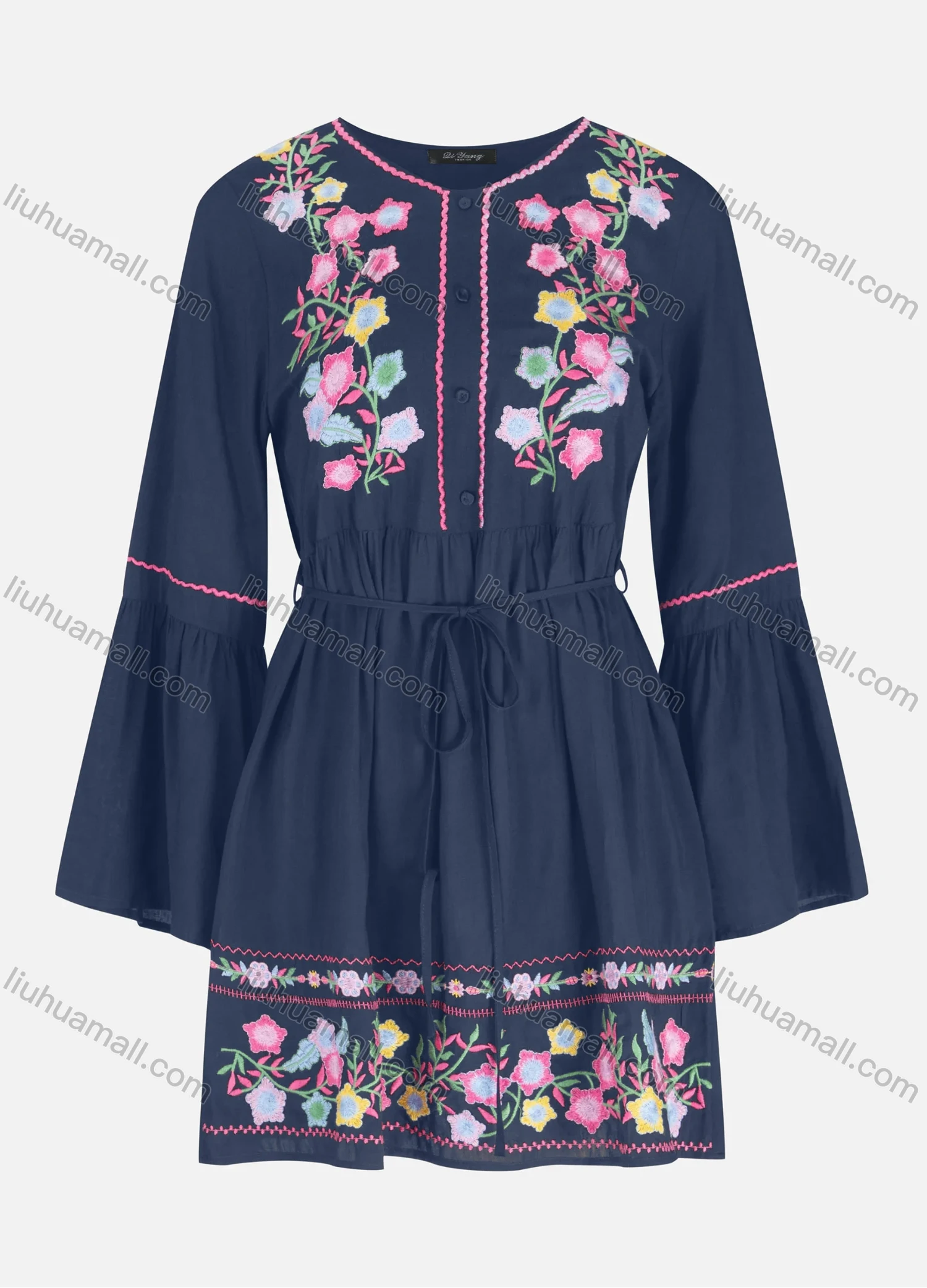 Wholesale Women's Casual Embroidery Button Front Tie Front Ruffle Hem Short Dress - Liuhuamall