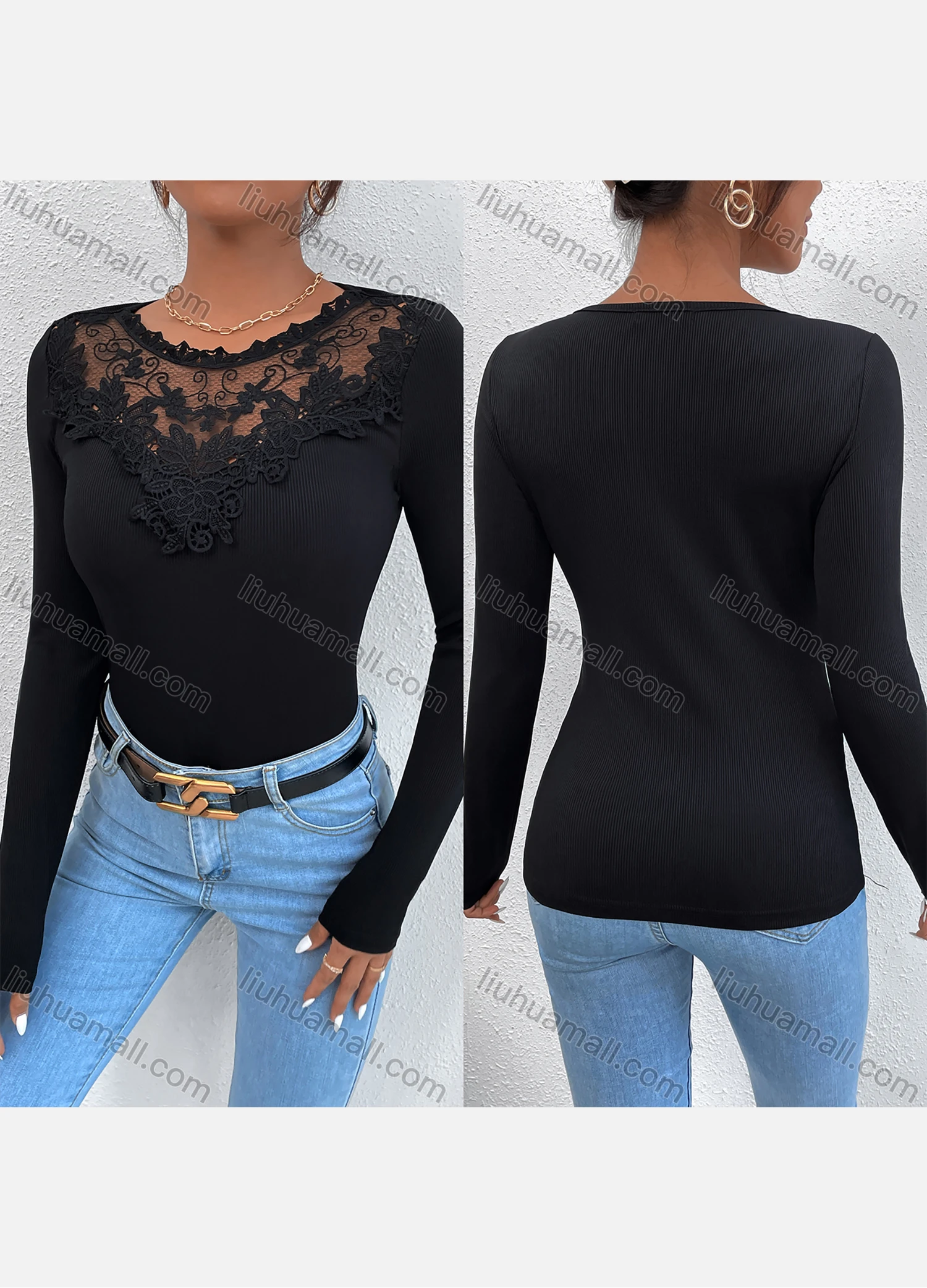 Wholesale Women's Round Neck Long Sleeve Slim Fit Embroidery Lace Plain Knit Top LQ-X2620X# - Liuhuamall