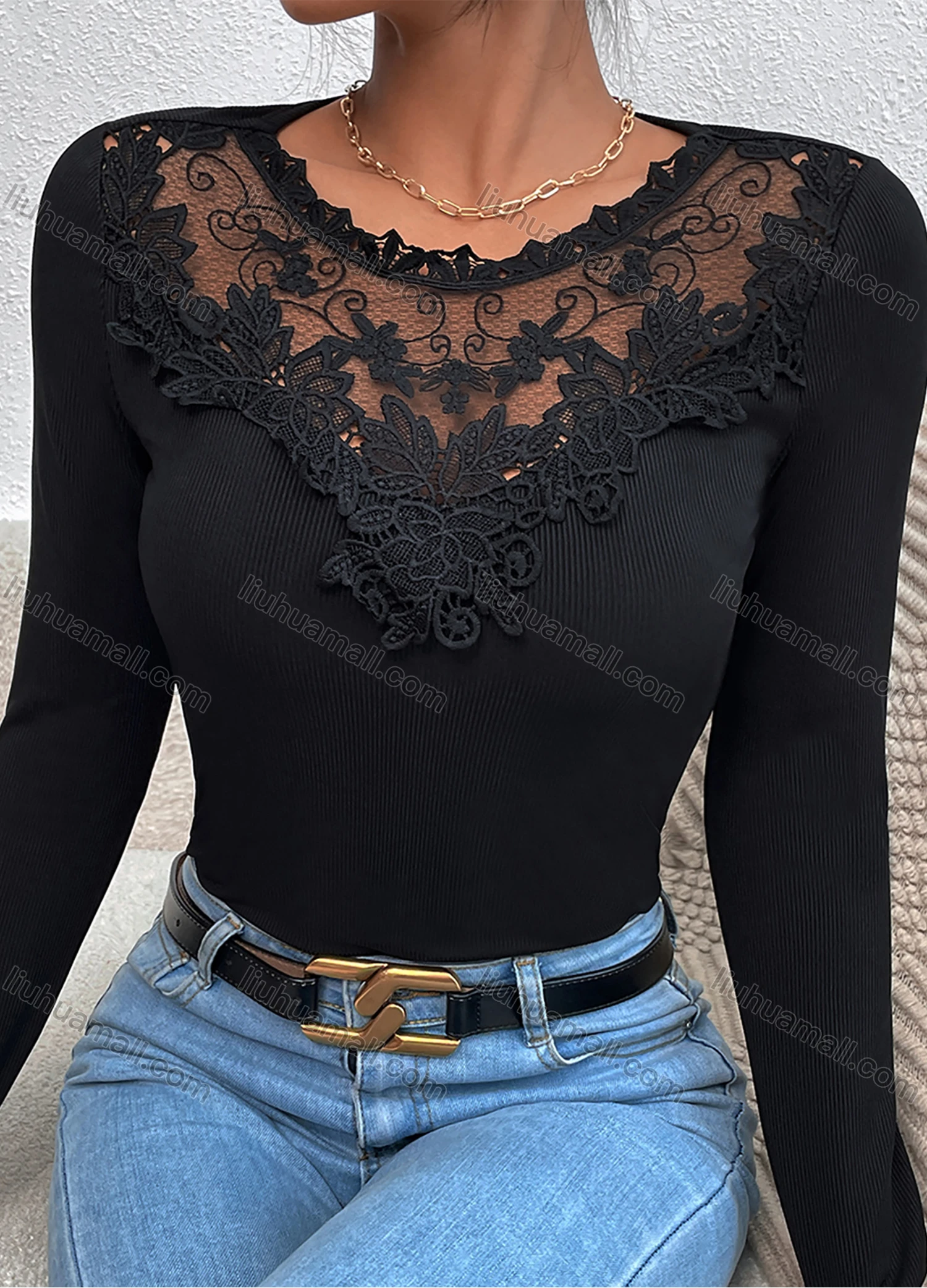 Wholesale Women's Round Neck Long Sleeve Slim Fit Embroidery Lace Plain Knit Top LQ-X2620X# - Liuhuamall