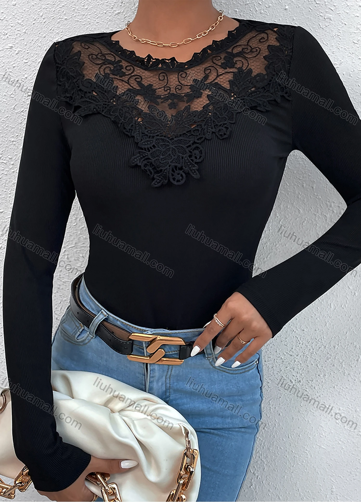 Wholesale Women's Round Neck Long Sleeve Slim Fit Embroidery Lace Plain Knit Top LQ-X2620X# - Liuhuamall