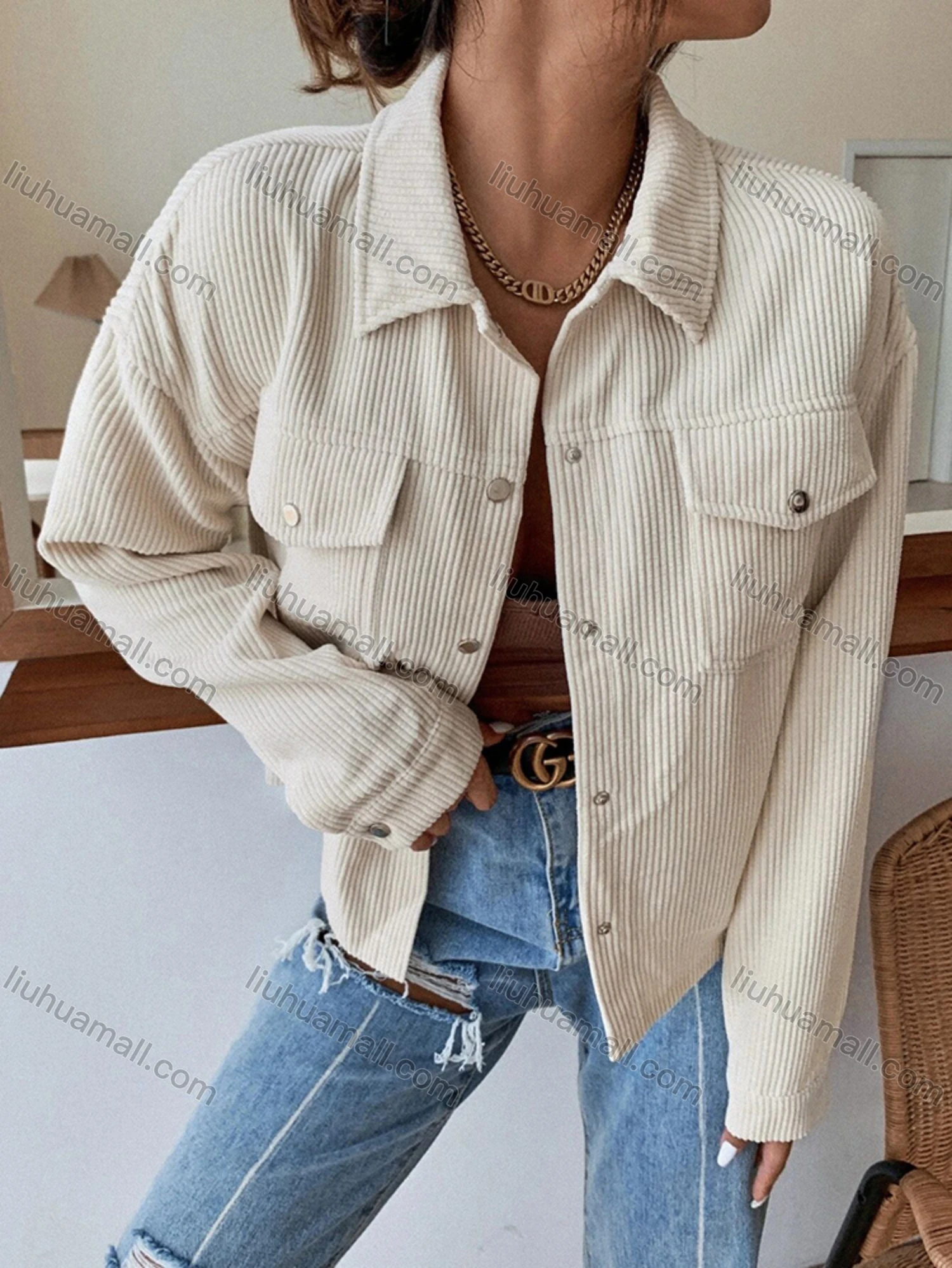 Wholesale Women's Drop Shoulder Plain Button Down Flap Pockets Long Sleeve Overshirt Jacket - Liuhuamall