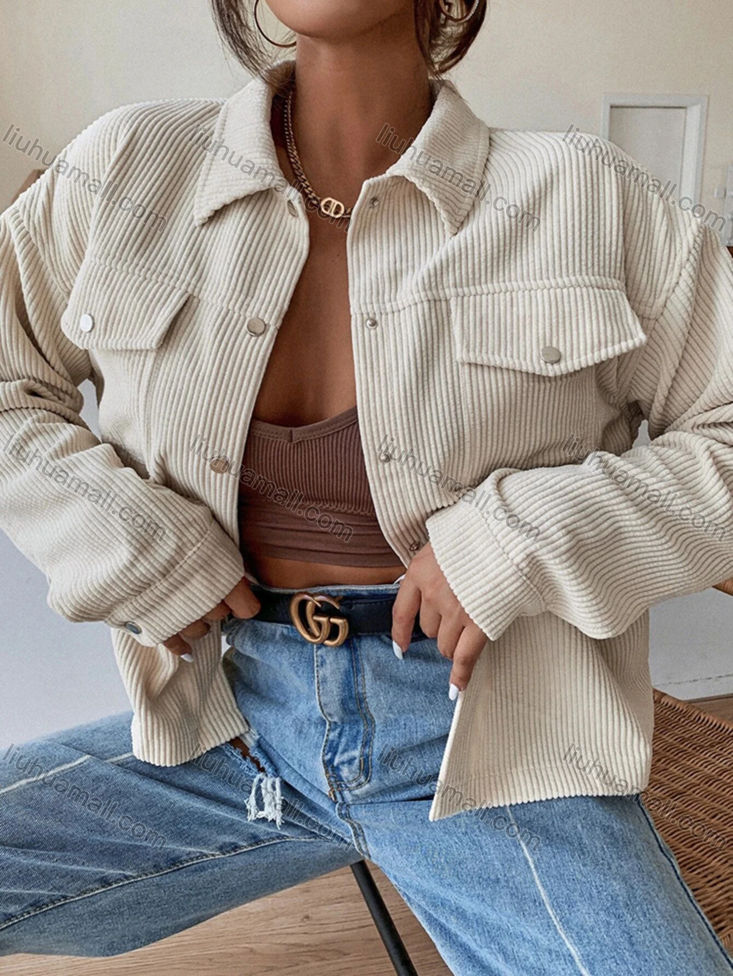 Wholesale Women's Drop Shoulder Plain Button Down Flap Pockets Long Sleeve Overshirt Jacket - Liuhuamall