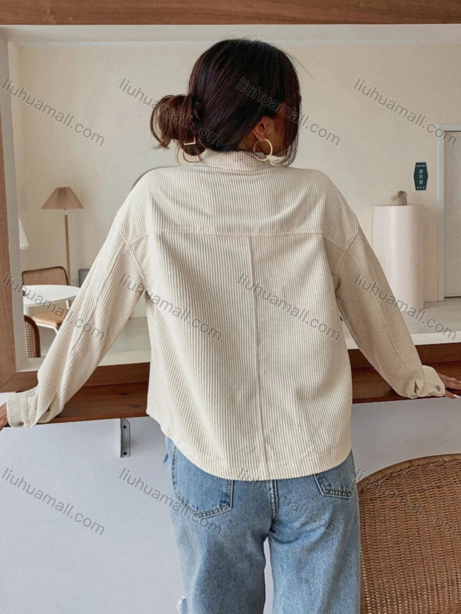 Wholesale Women's Drop Shoulder Plain Button Down Flap Pockets Long Sleeve Overshirt Jacket - Liuhuamall