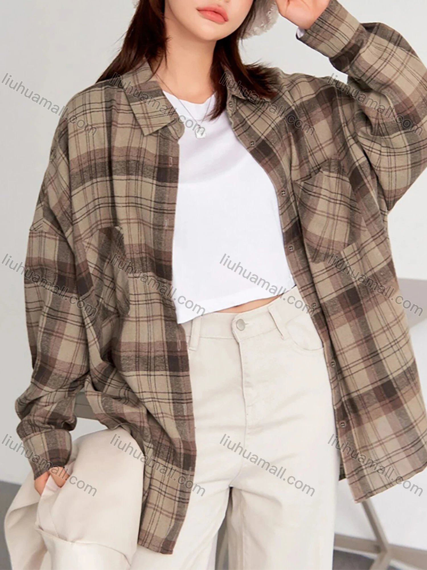 Wholesale Women's Casual Loose Fit Drop Shoulder Plaid Print Patch Pockets Button Down Shirt - Liuhuamall