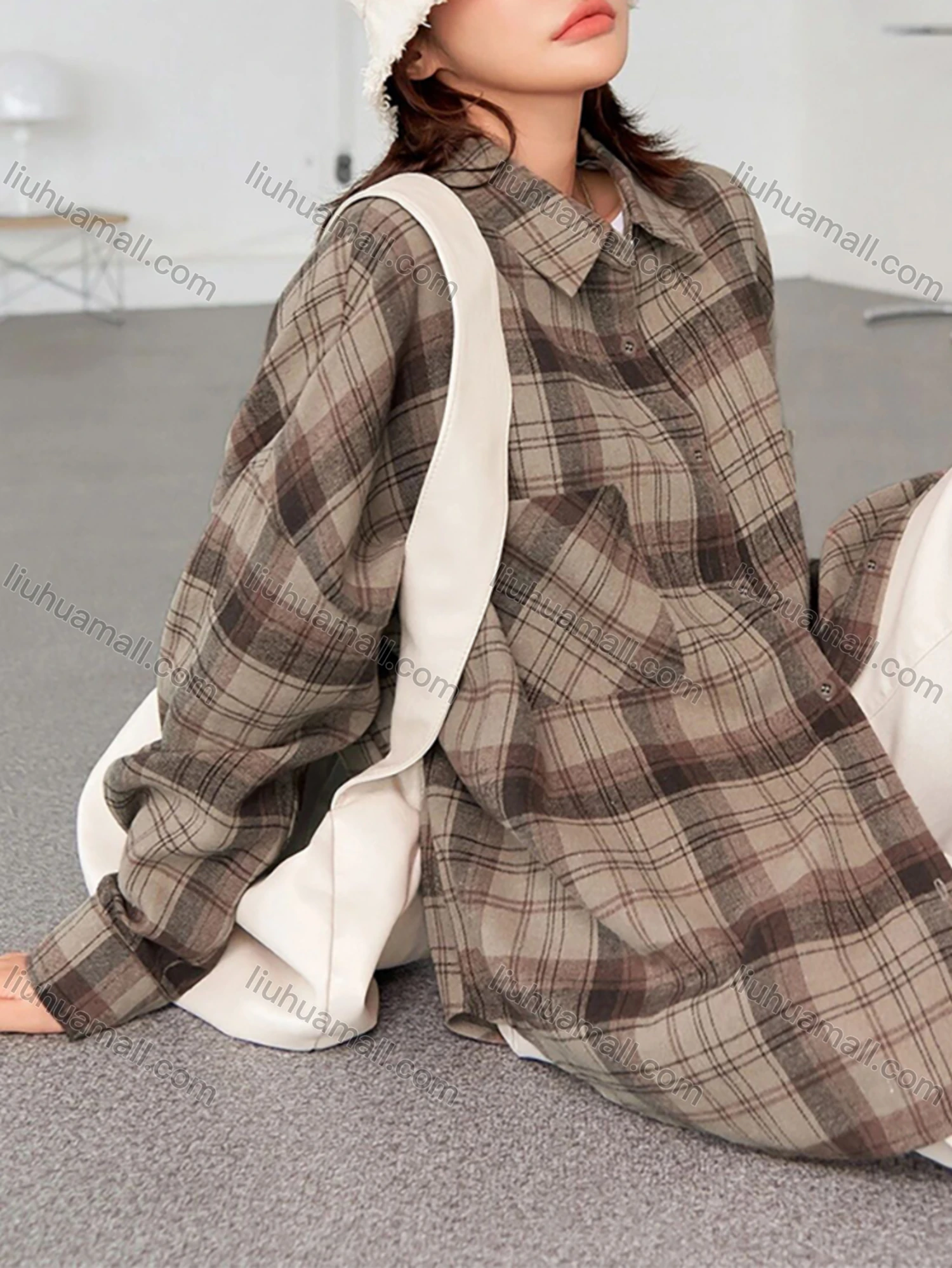 Wholesale Women's Casual Loose Fit Drop Shoulder Plaid Print Patch Pockets Button Down Shirt - Liuhuamall