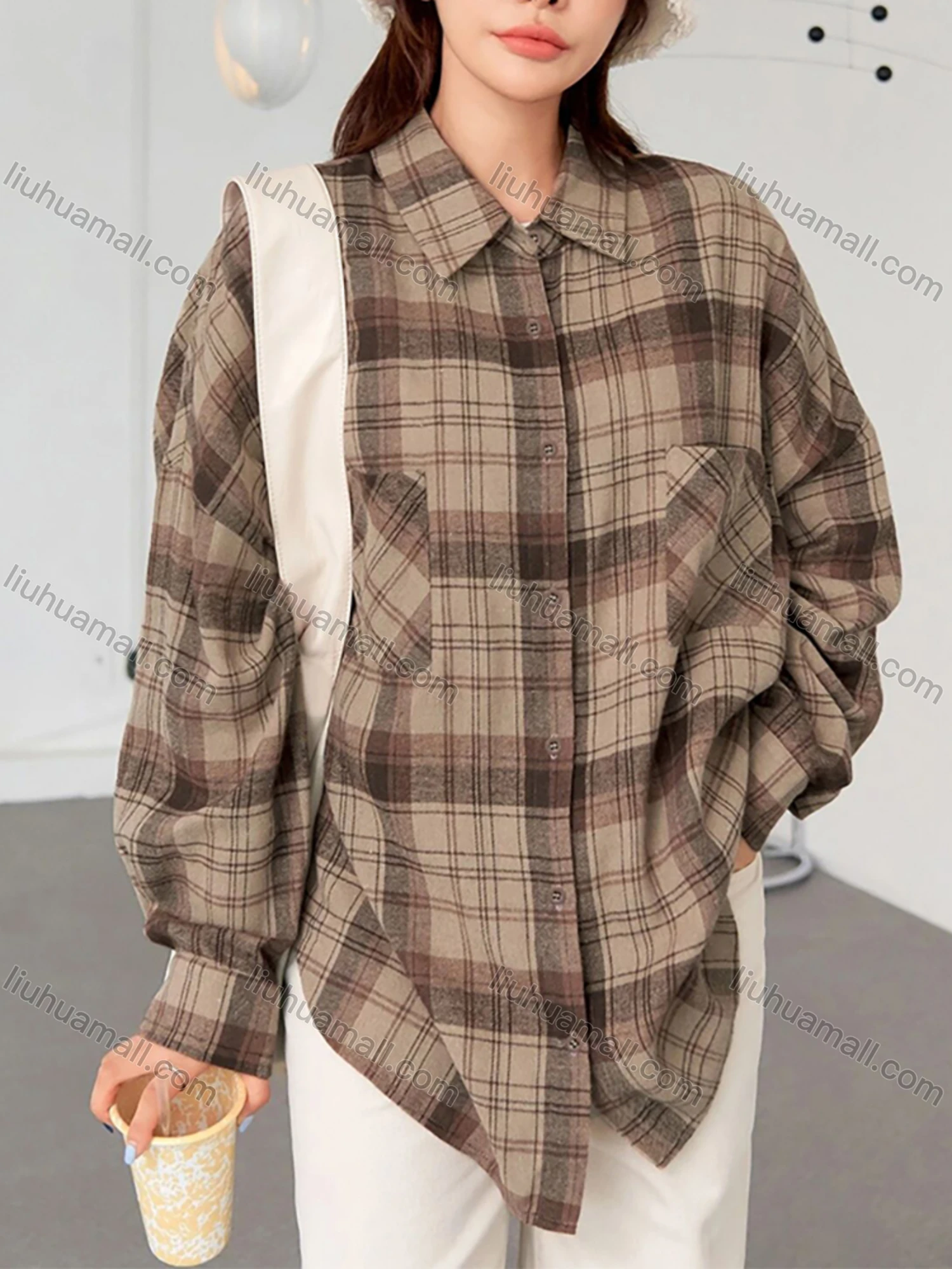 Wholesale Women's Casual Loose Fit Drop Shoulder Plaid Print Patch Pockets Button Down Shirt - Liuhuamall