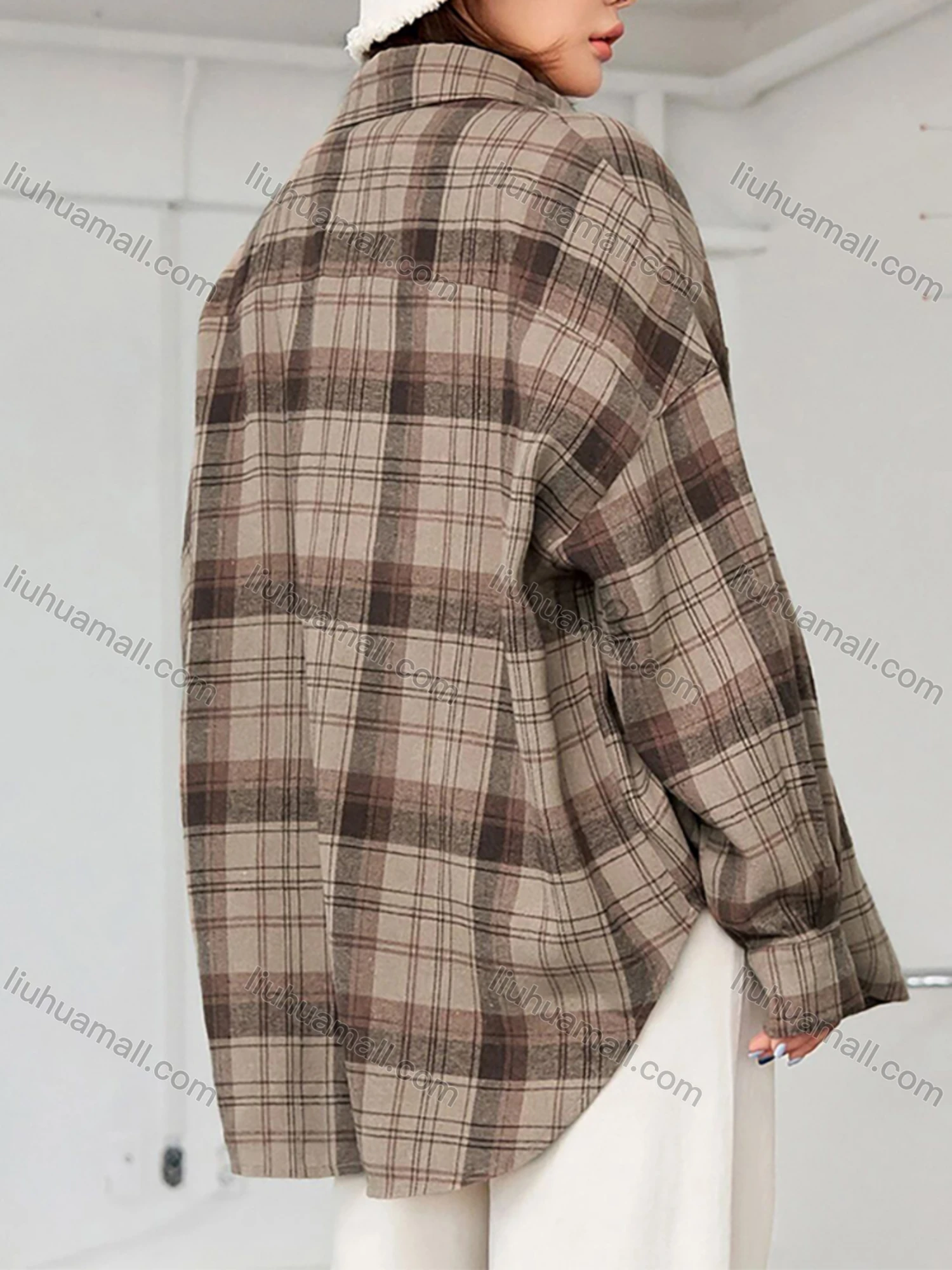 Wholesale Women's Casual Loose Fit Drop Shoulder Plaid Print Patch Pockets Button Down Shirt - Liuhuamall