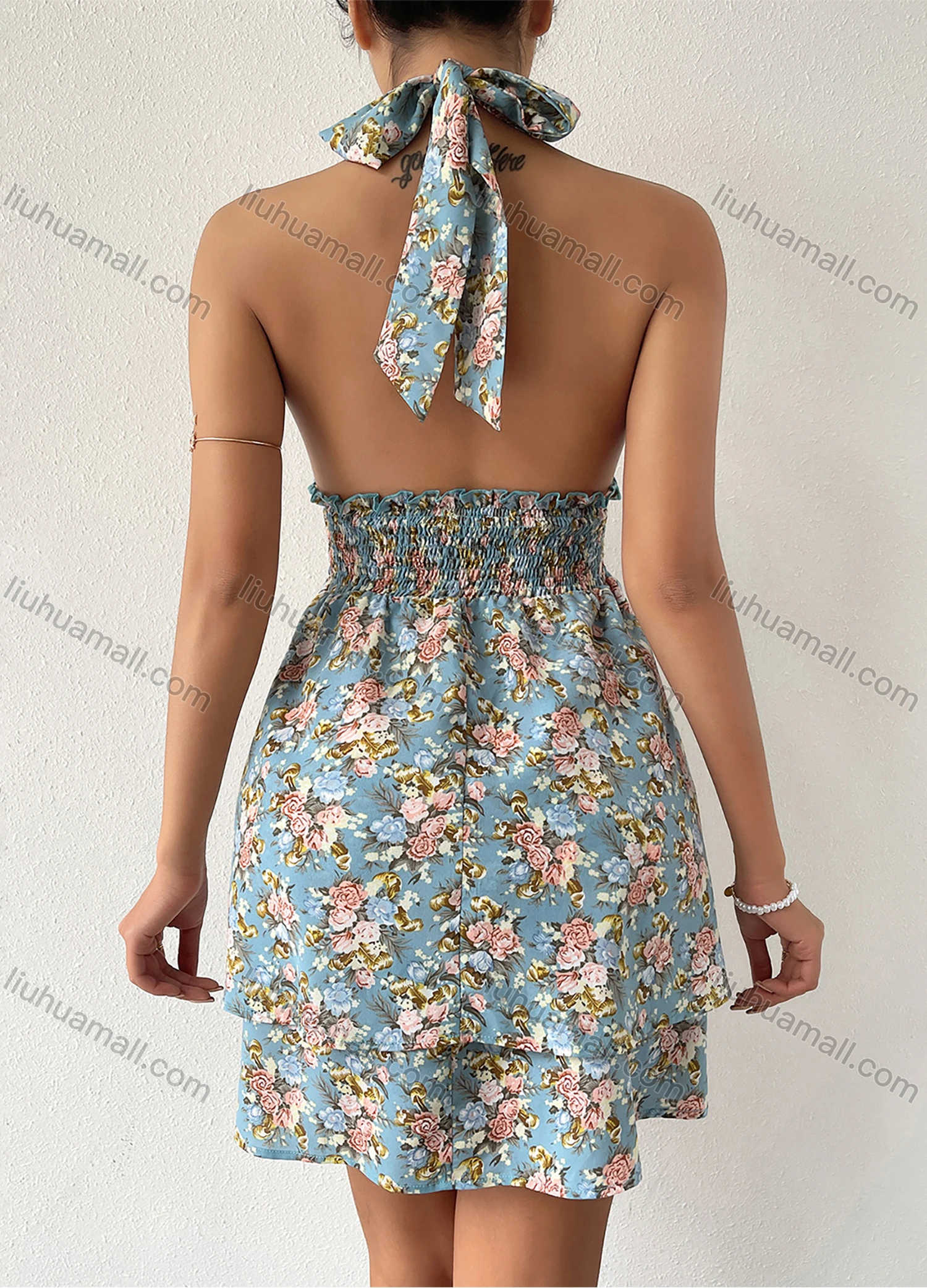 Wholesale Women's Sexy Halter Elastic Waist Floral Print Layered Hem Short Dress 3324L# - Liuhuamall