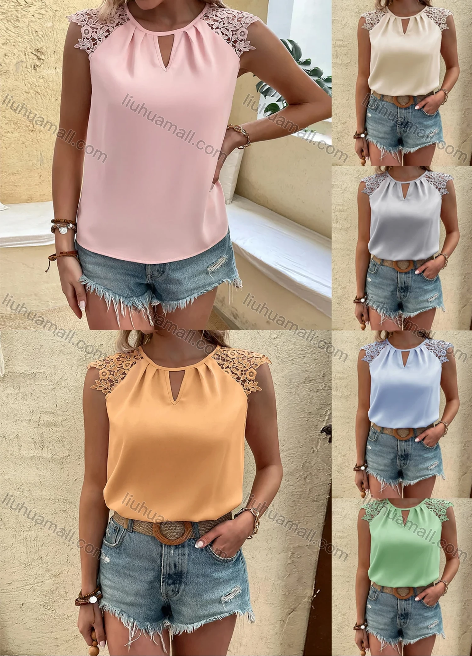 Wholesale Women's Casual Round Neck Cap Sleeve Hollow Out Plain Blouse A22007L# - Liuhuamall