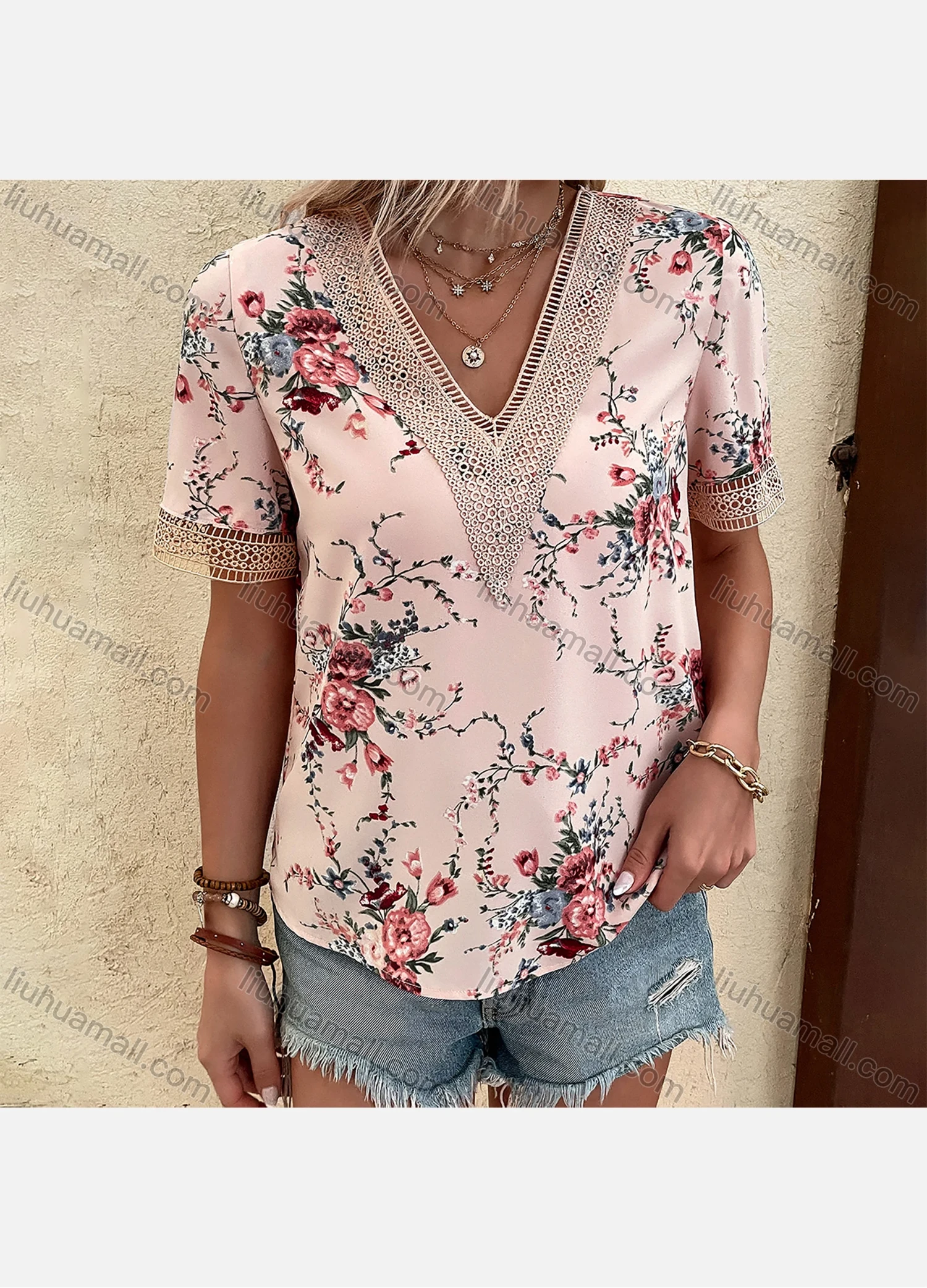 Wholesale Women's Casual Round Neck Cap Sleeve Hollow Out Plain Blouse A22007L# - Liuhuamall