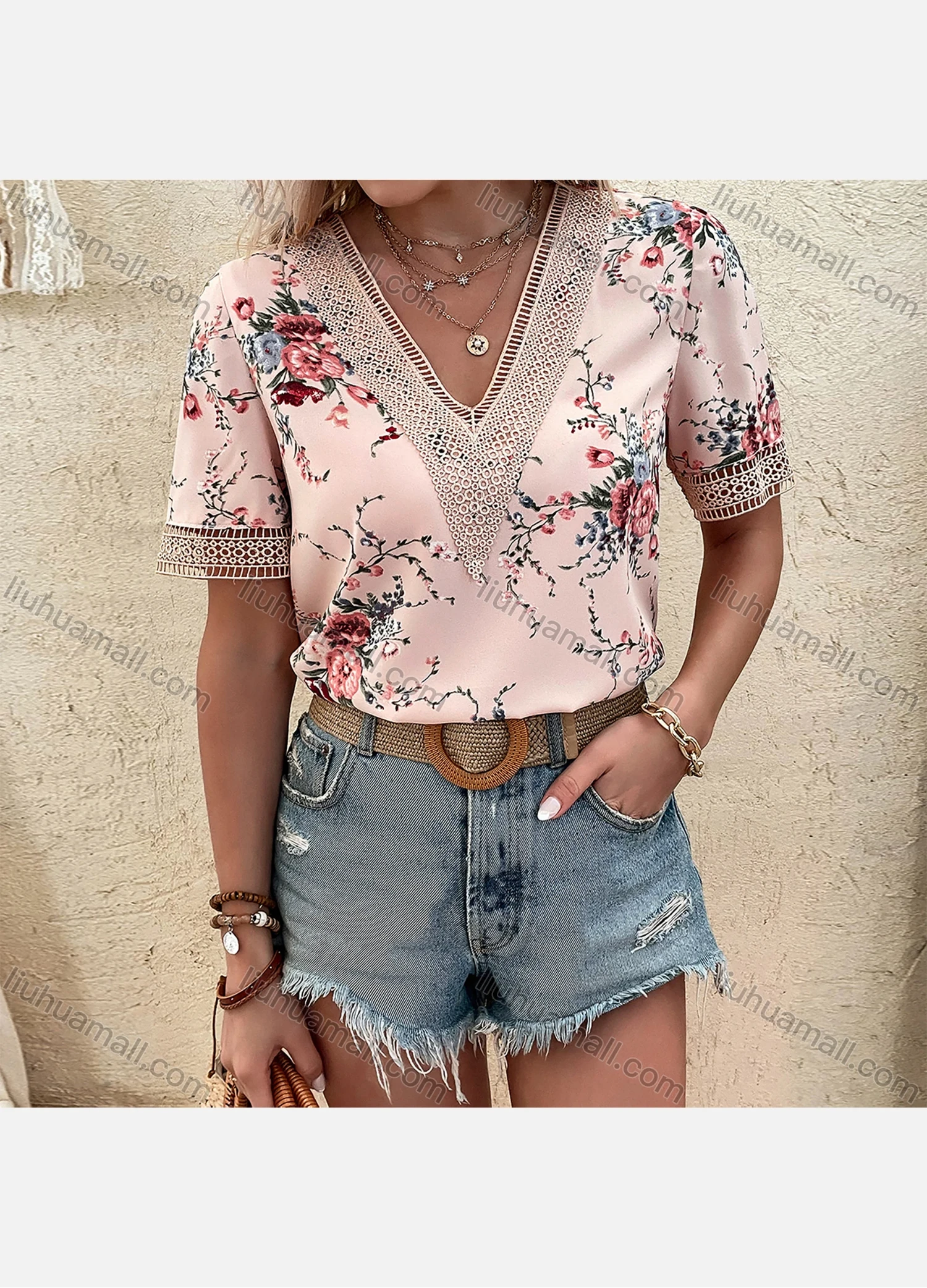 Wholesale Women's Casual Round Neck Cap Sleeve Hollow Out Plain Blouse A22007L# - Liuhuamall