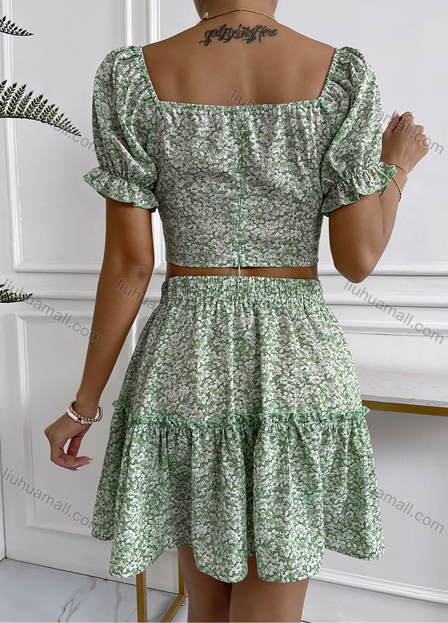 Wholesale Women's Casual 2-Piece Floral Print V Neck Puff Sleeve Crop Top & Skirt Sets B1037Y# - Liuhuamall