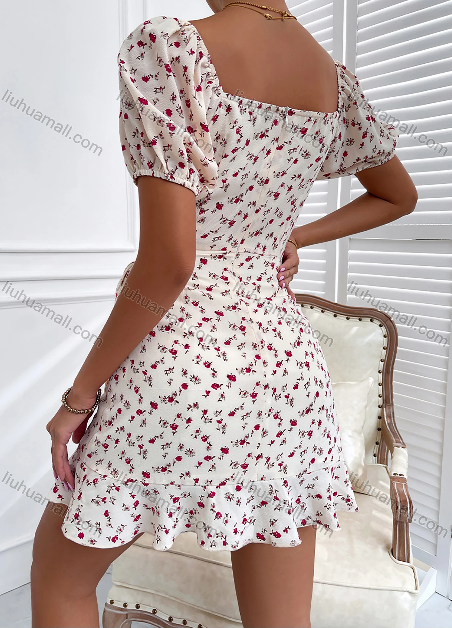 Wholesale Women's Square Neck Puff Sleeve Floral Print Wrap Hem Short Dress With Belt B1172X## - Liuhuamall