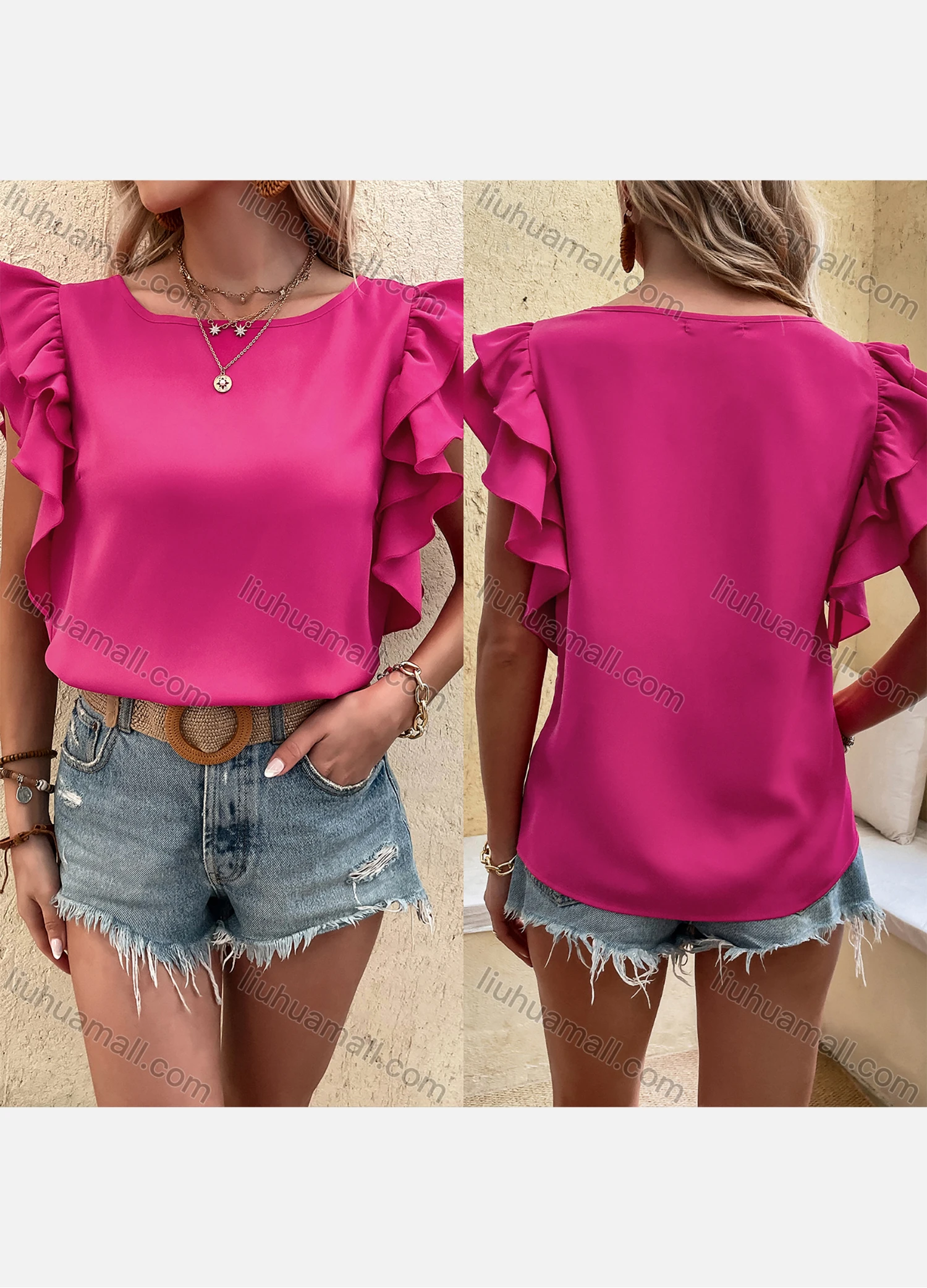 Wholesale Women's Casual Round Neck Cap Sleeve Ruffle Trim Plain Blouse B1218X# - Liuhuamall