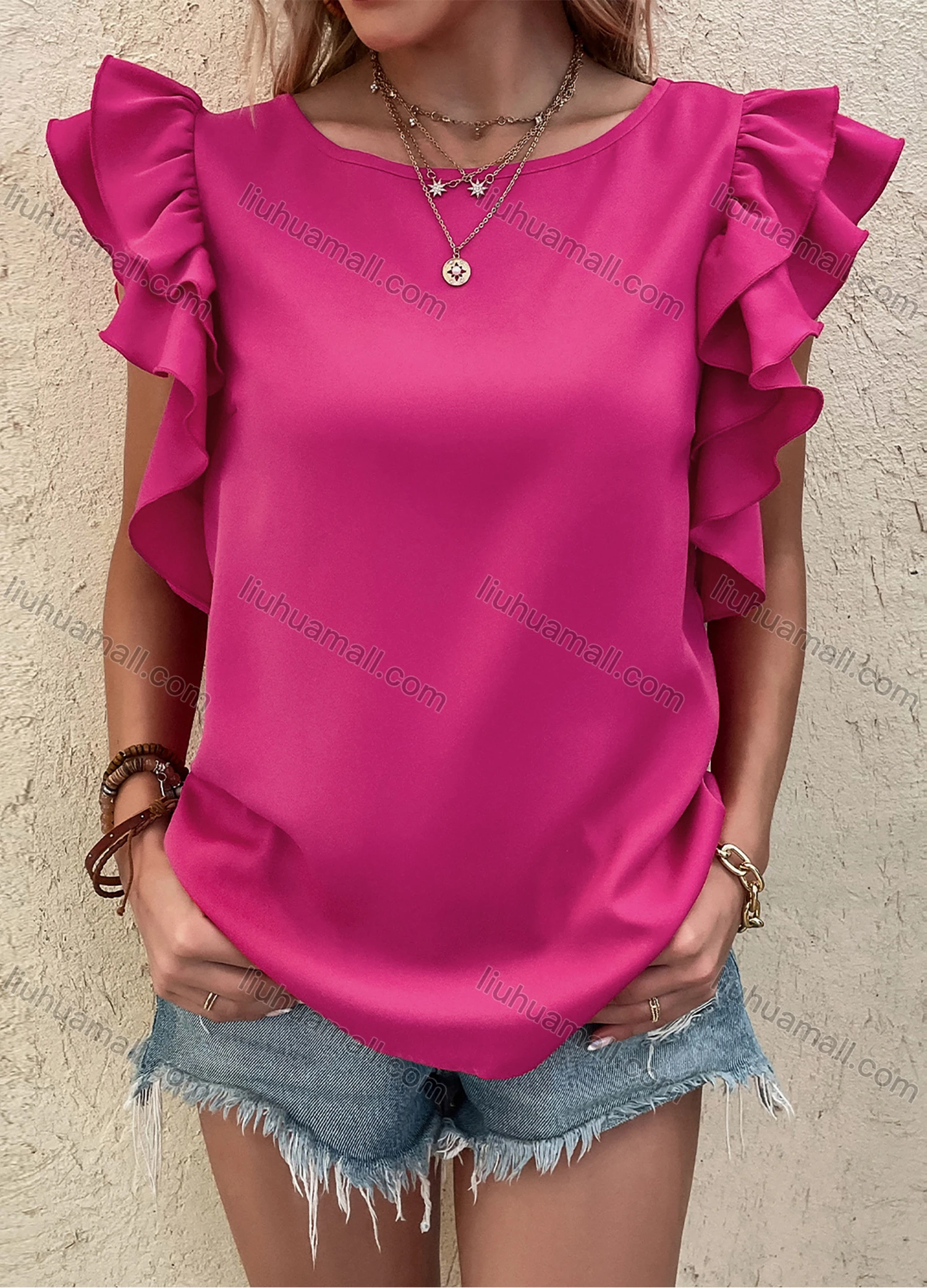 Wholesale Women's Casual Round Neck Cap Sleeve Ruffle Trim Plain Blouse B1218X# - Liuhuamall