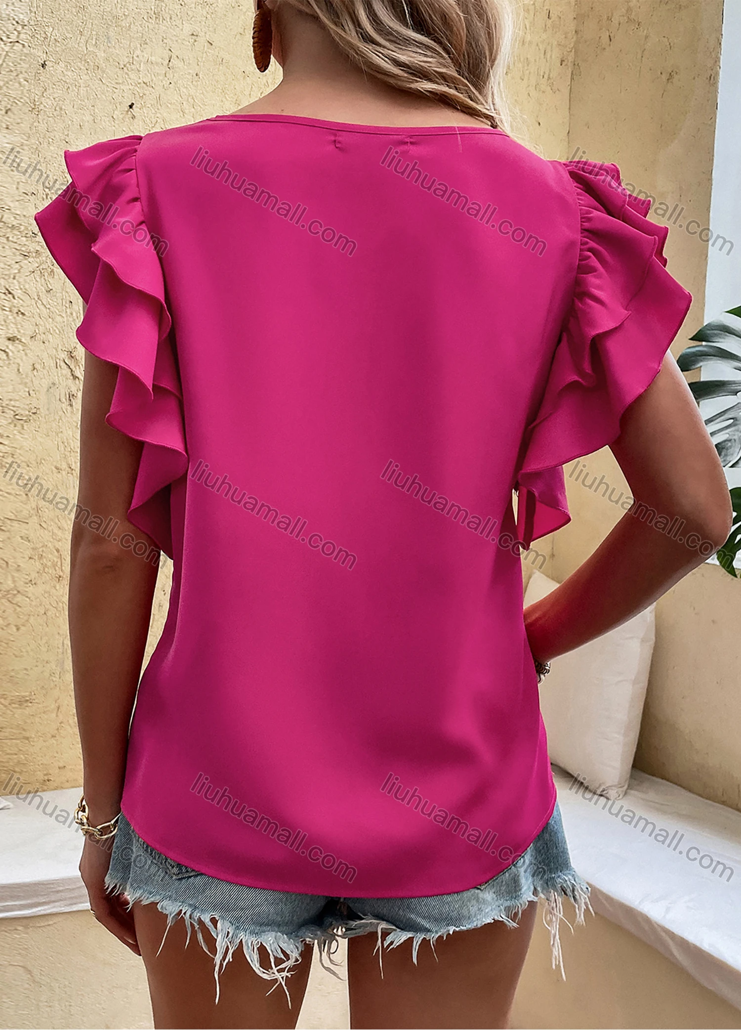 Wholesale Women's Casual Round Neck Cap Sleeve Ruffle Trim Plain Blouse B1218X# - Liuhuamall