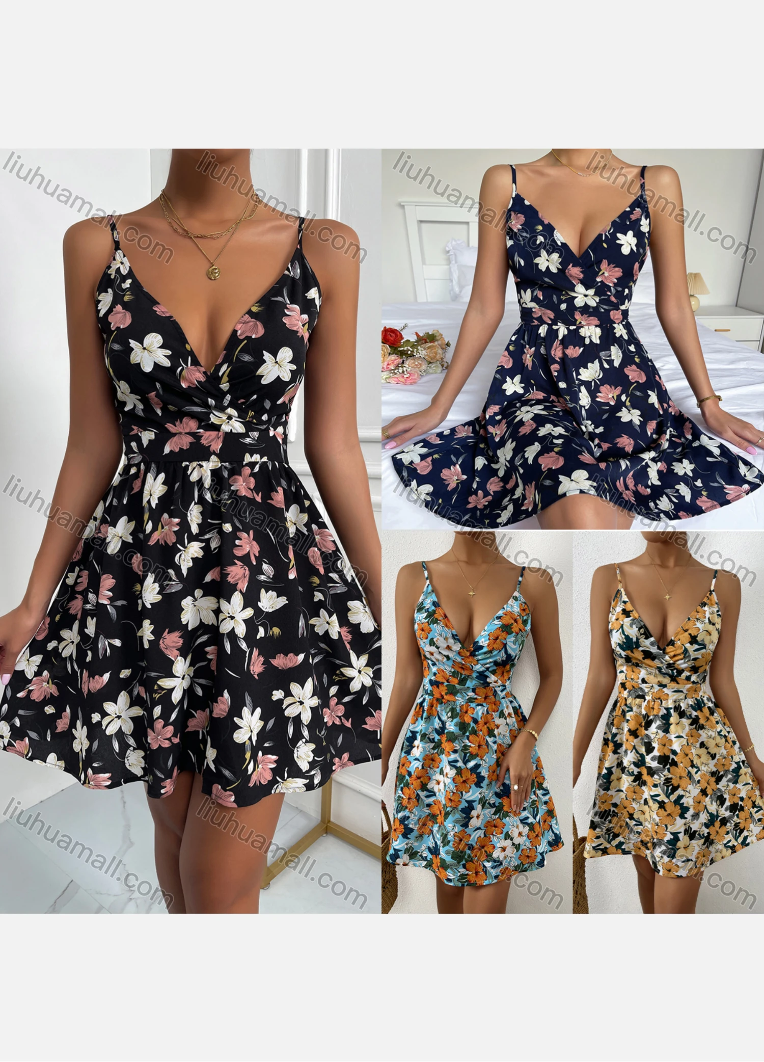 Wholesale Women's Sexy Deep V Neck Sleeveless Spaghetti Strap Floral Print Short Cami Dress F2037X# - Liuhuamall