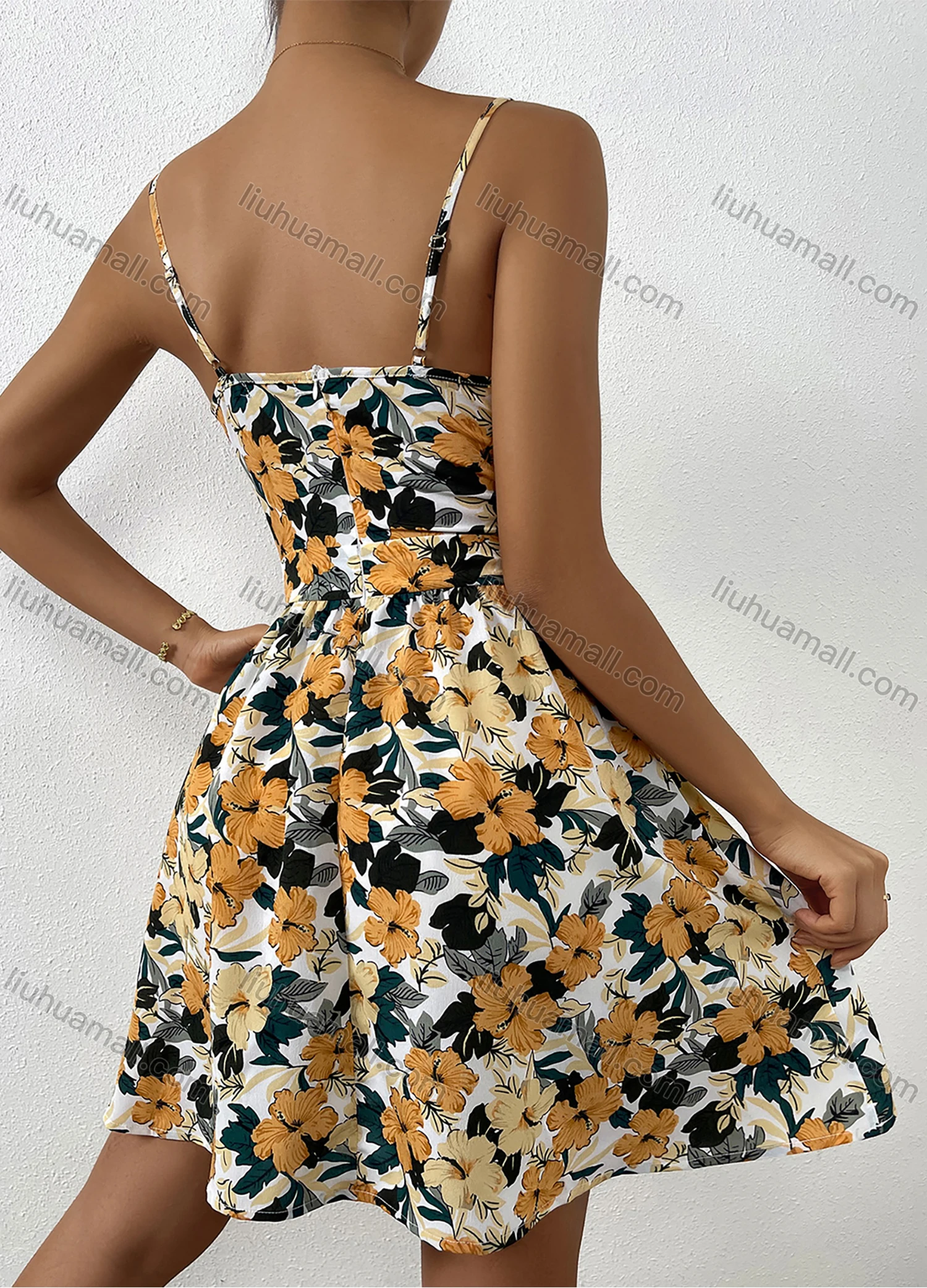 Wholesale Women's Sexy Deep V Neck Sleeveless Spaghetti Strap Floral Print Short Cami Dress F2037X# - Liuhuamall