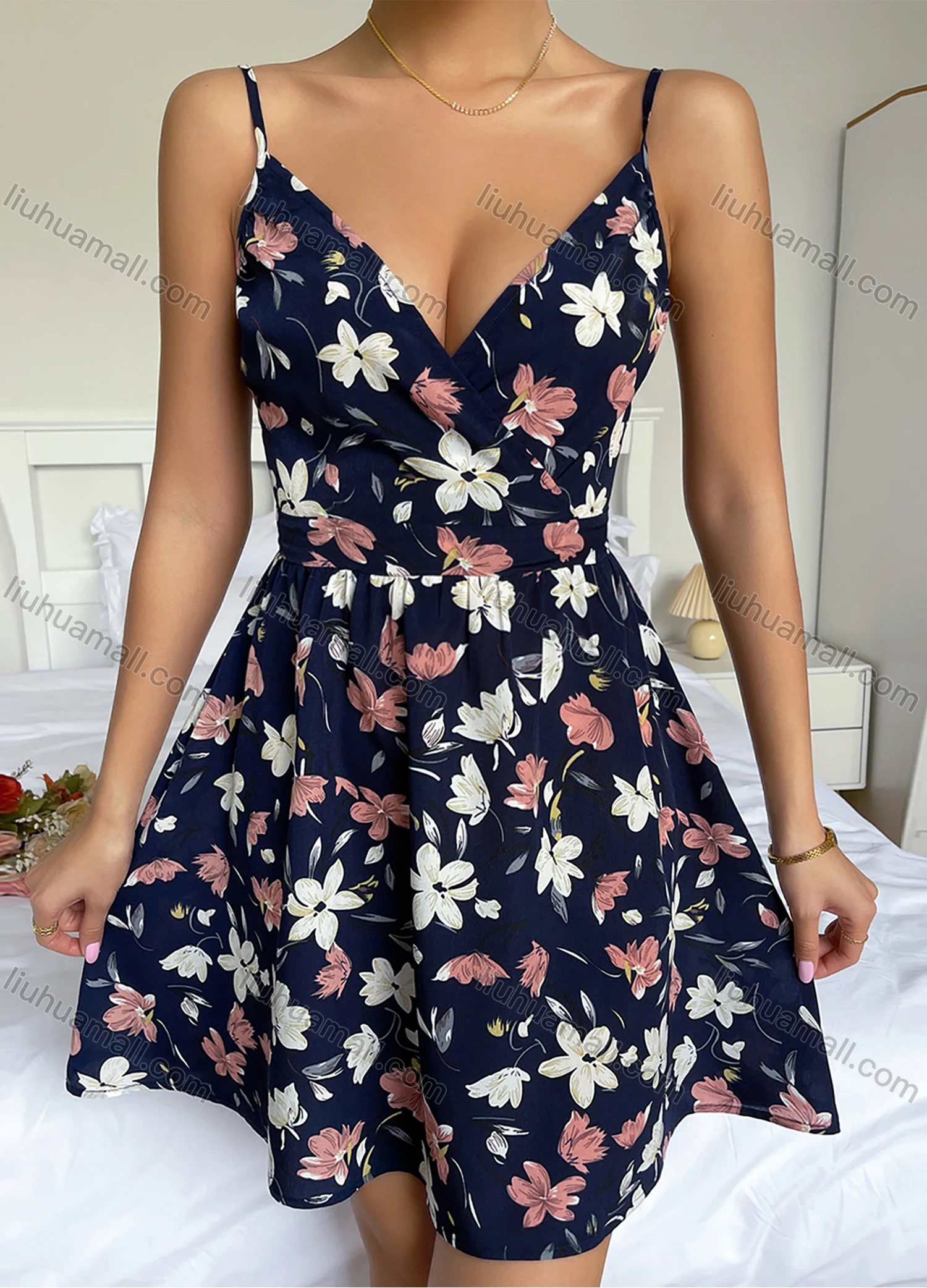 Wholesale Women's Sexy Deep V Neck Sleeveless Spaghetti Strap Floral Print Short Cami Dress F2037X# - Liuhuamall
