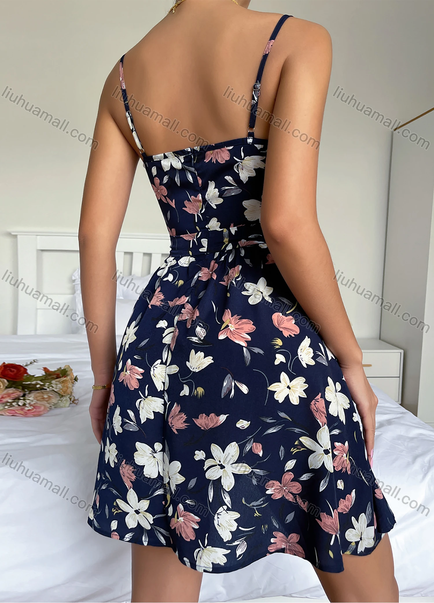 Wholesale Women's Sexy Deep V Neck Sleeveless Spaghetti Strap Floral Print Short Cami Dress F2037X# - Liuhuamall