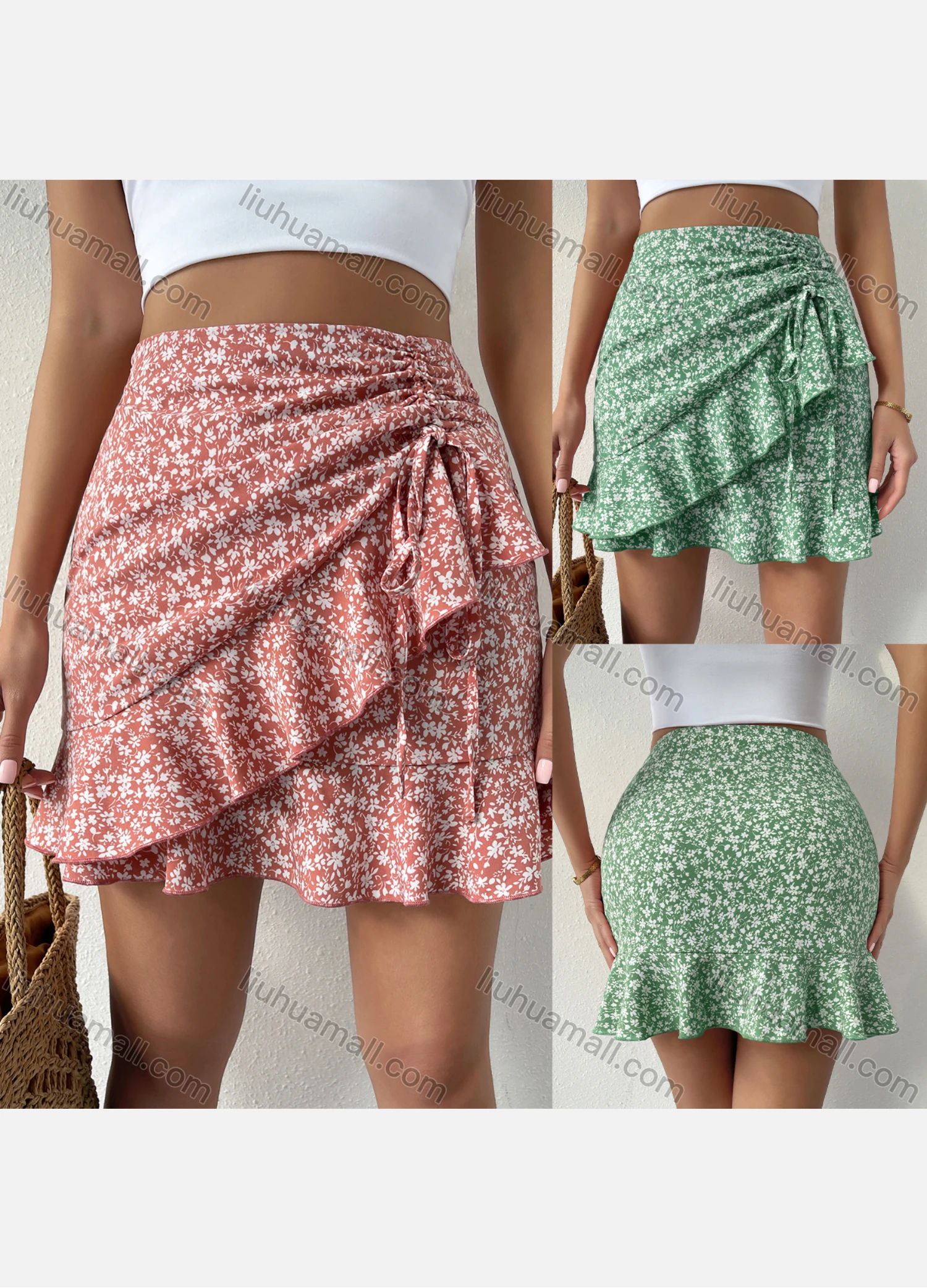 Wholesale Women's High Waist Ruffle Trim Wrap Floral Print Short Skirt X2711L# - Liuhuamall