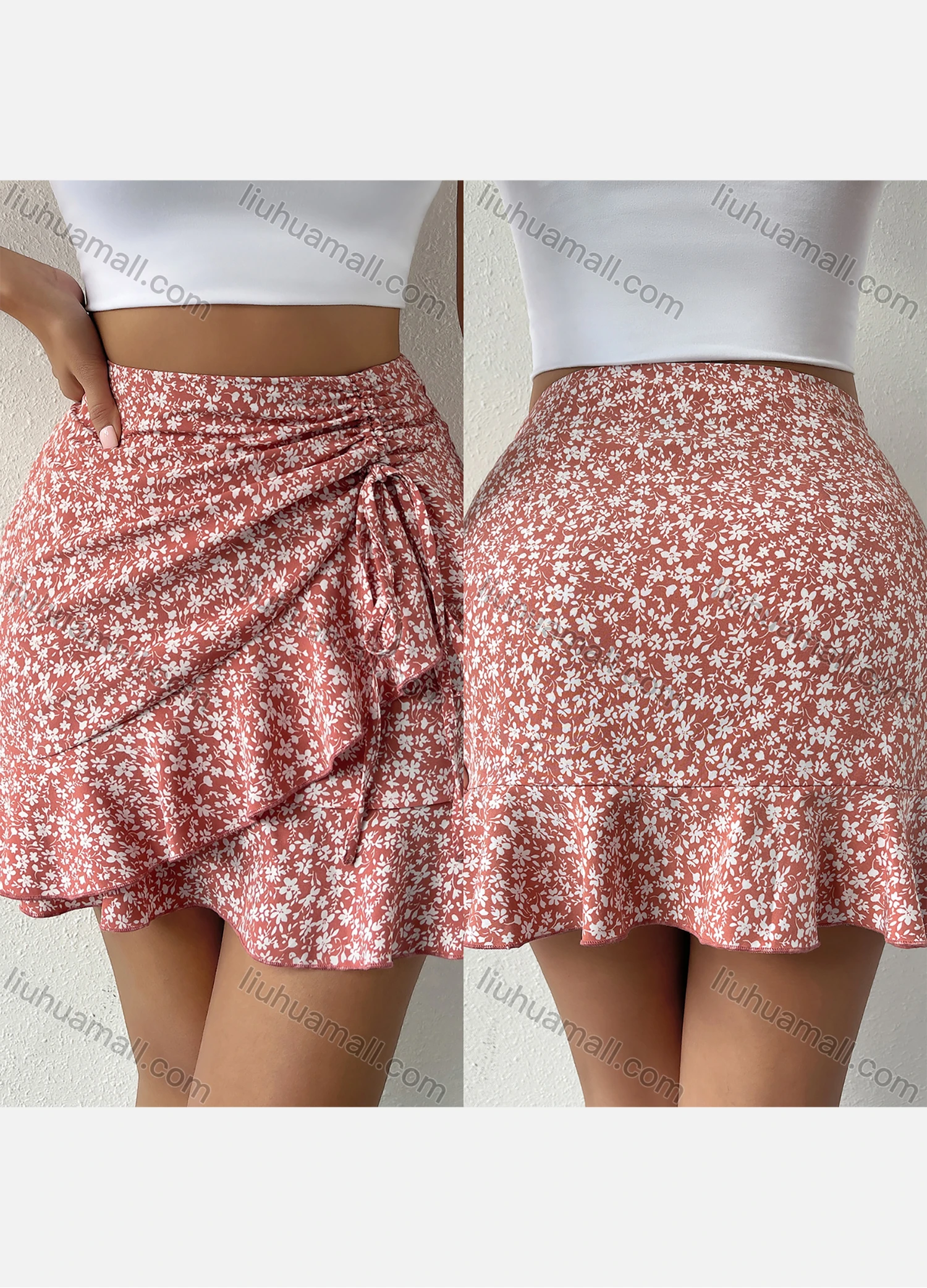 Wholesale Women's High Waist Ruffle Trim Wrap Floral Print Short Skirt X2711L# - Liuhuamall