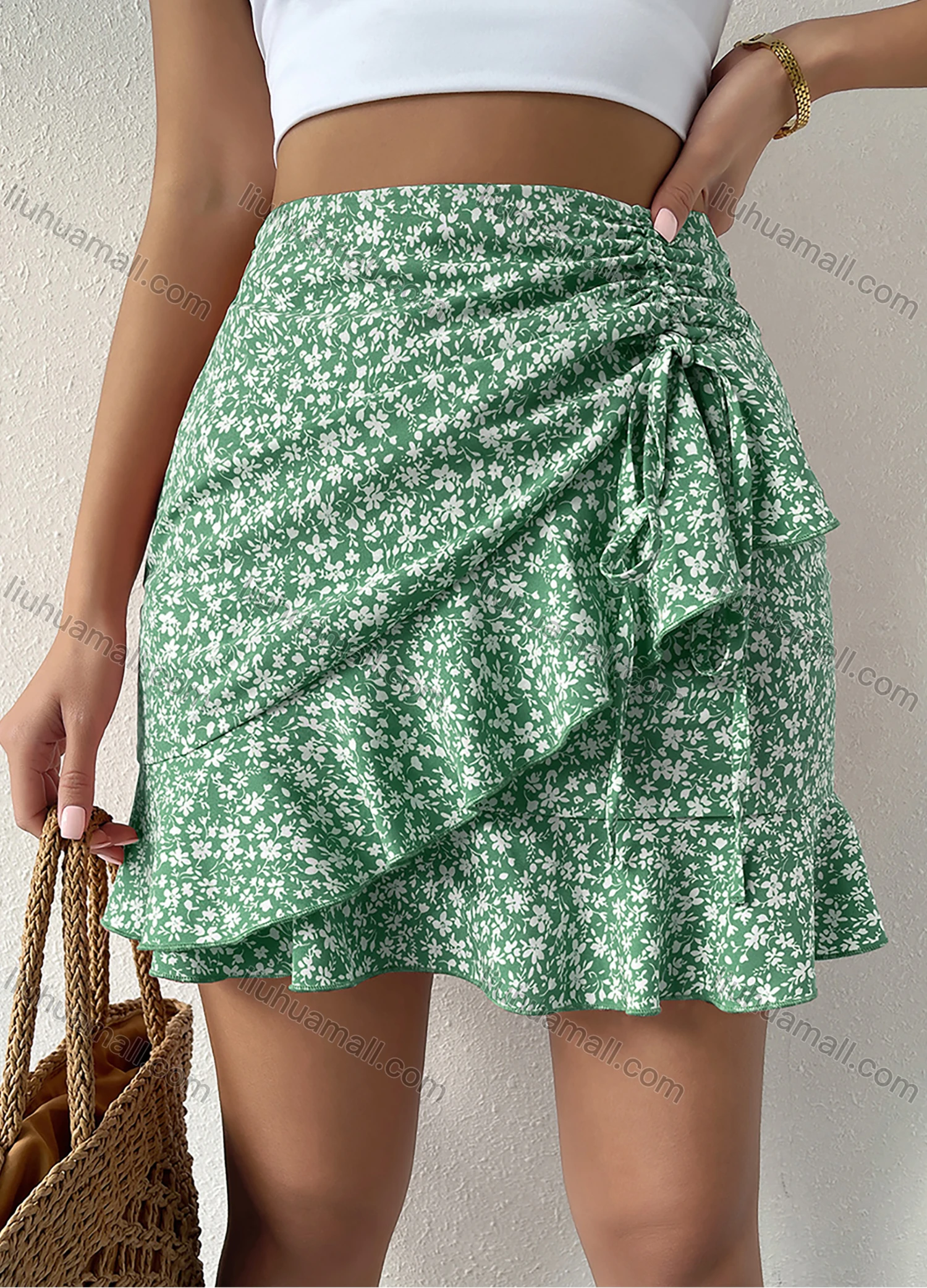 Wholesale Women's High Waist Ruffle Trim Wrap Floral Print Short Skirt X2711L# - Liuhuamall