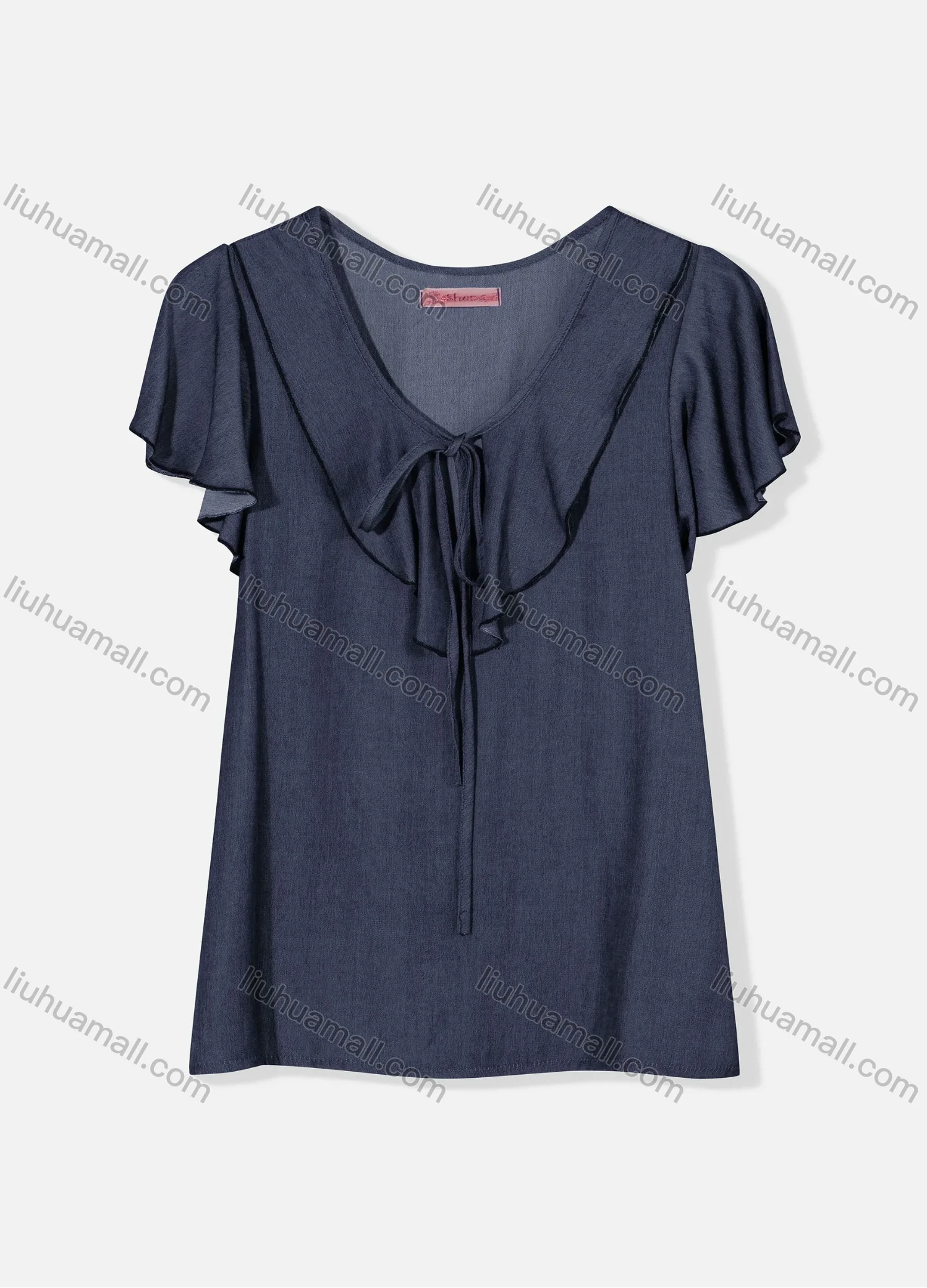 Wholesale Women's Casual Butterfly Sleeve Tie Front Ruffle Trim Plain Blouse J8110# - Liuhuamall
