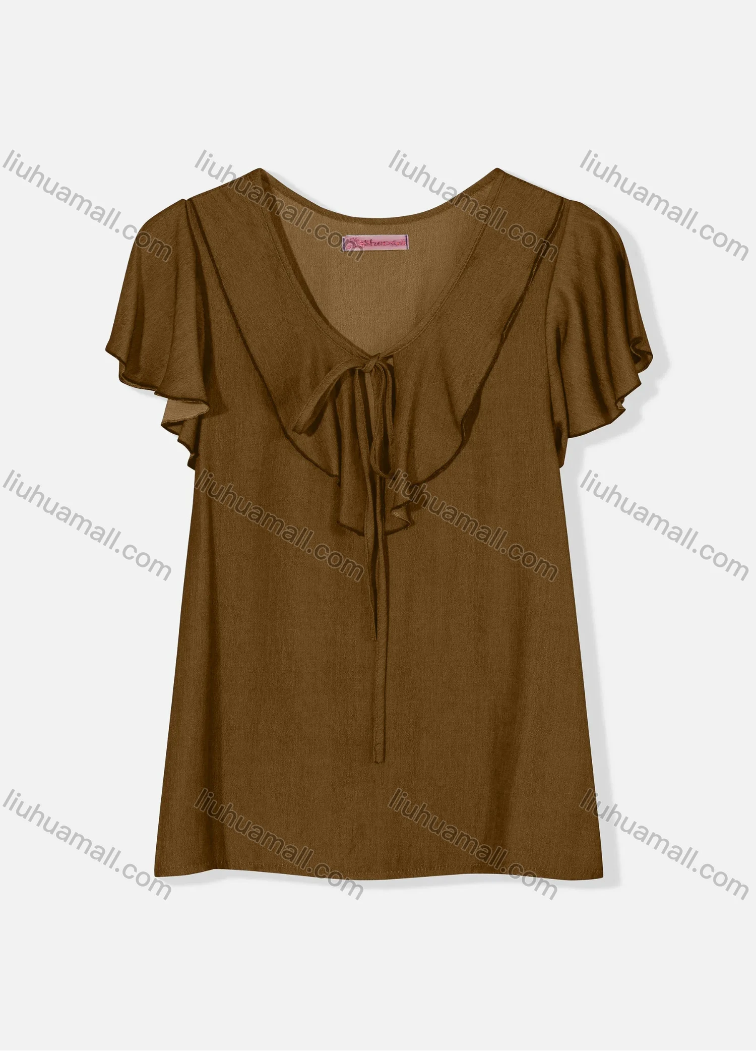 Wholesale Women's Casual Butterfly Sleeve Tie Front Ruffle Trim Plain Blouse J8110# - Liuhuamall