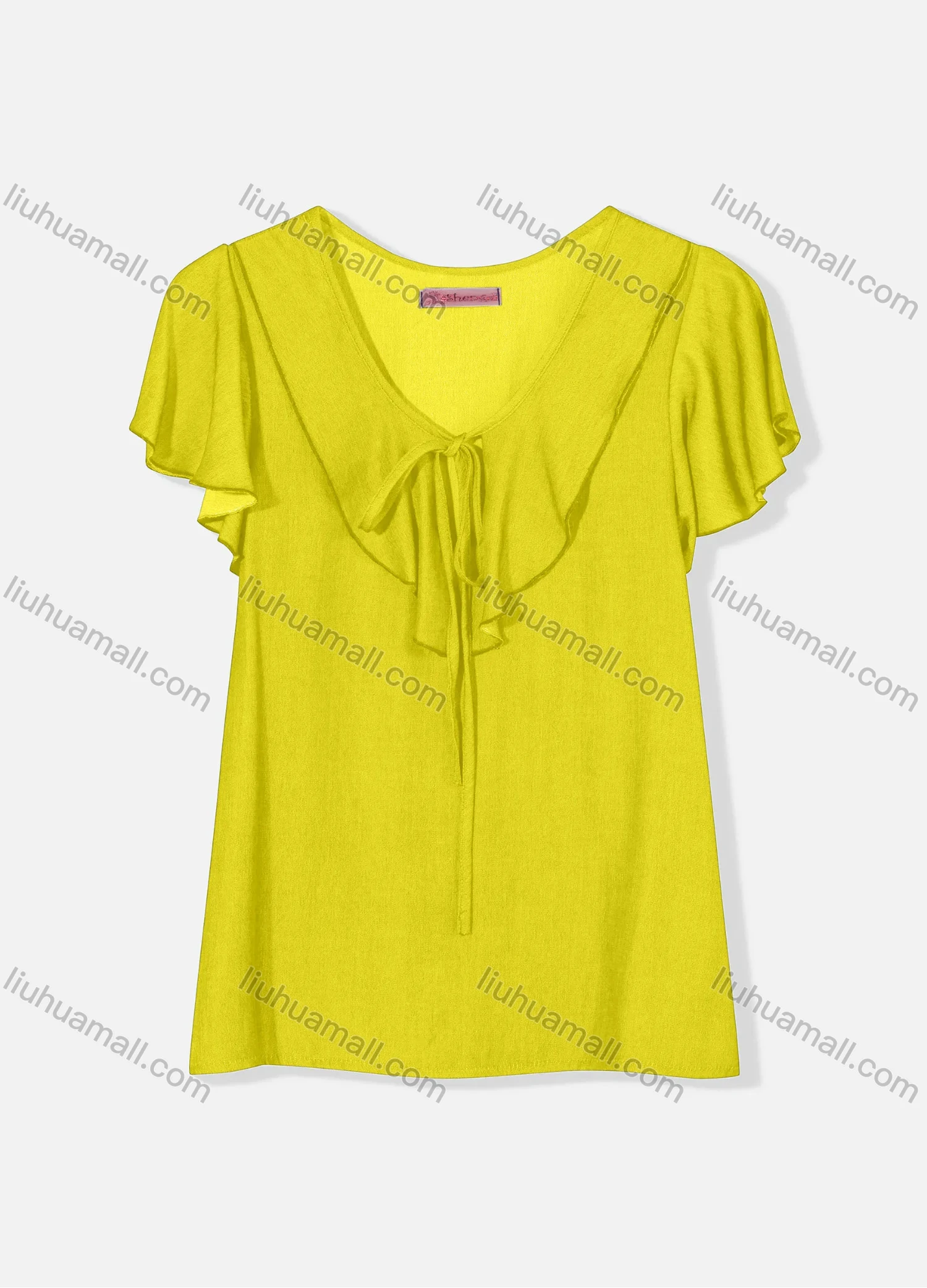 Wholesale Women's Casual Butterfly Sleeve Tie Front Ruffle Trim Plain Blouse J8110# - Liuhuamall