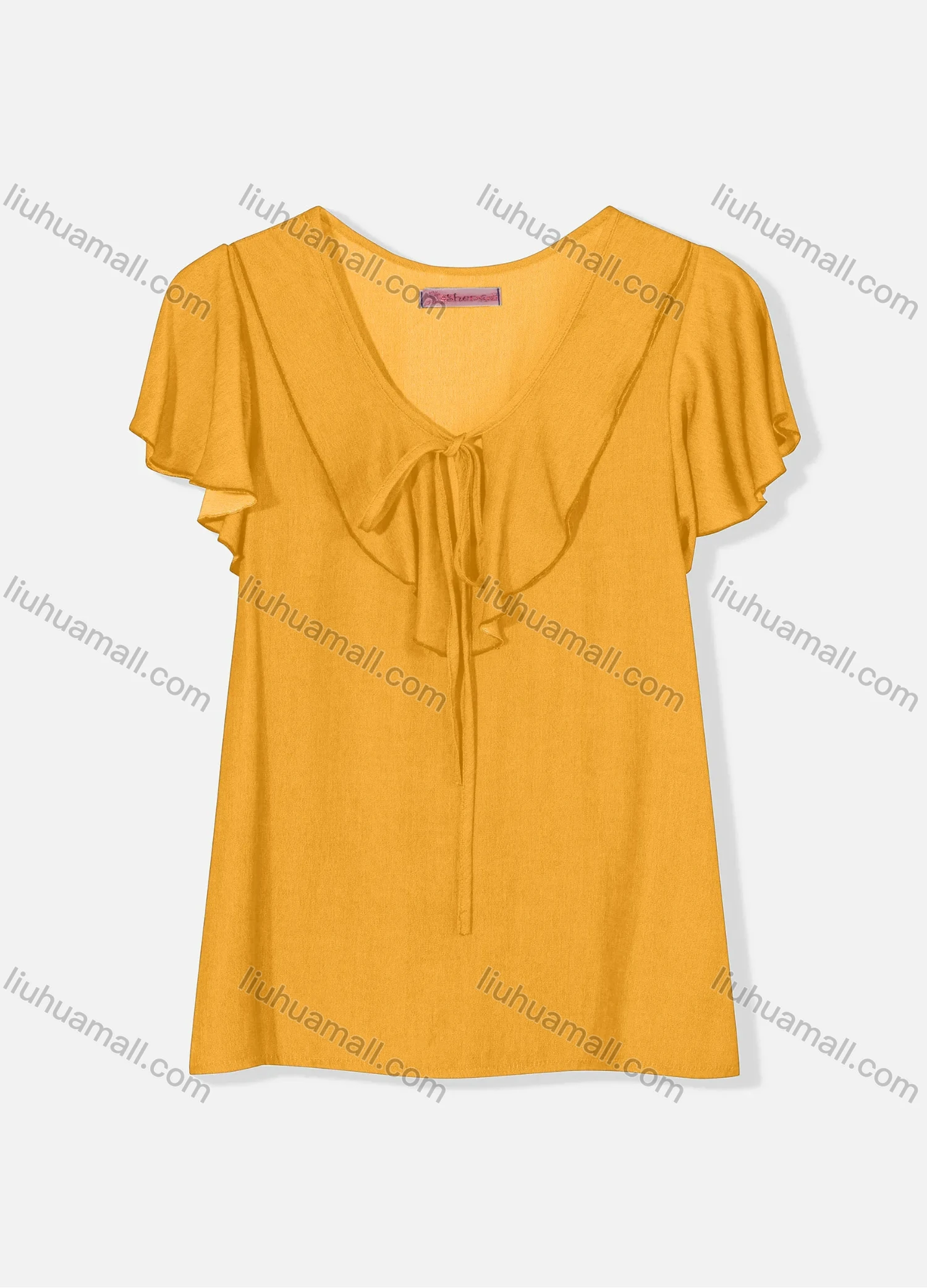 Wholesale Women's Casual Butterfly Sleeve Tie Front Ruffle Trim Plain Blouse J8110# - Liuhuamall