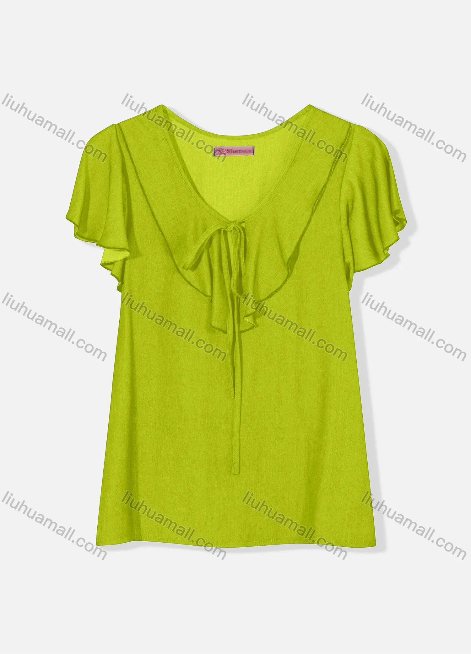 Wholesale Women's Casual Butterfly Sleeve Tie Front Ruffle Trim Plain Blouse J8110# - Liuhuamall